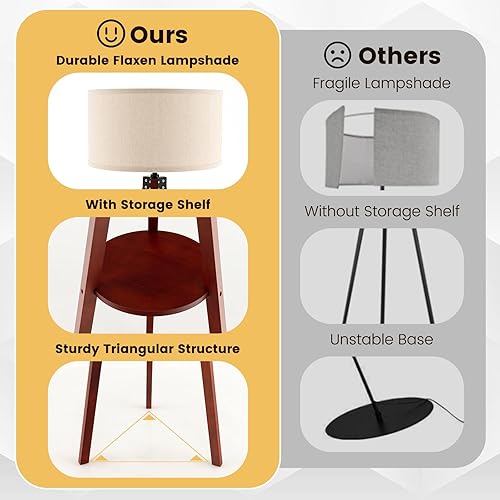 Miniatura 9 de Tangkula Lámpara de madera de mediados de siglo con estantes de almacenamiento, lámpara de pie para sala de estar, oficina, pantalla de lino en base