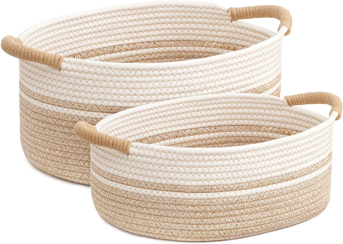 2pcs Storage Baskets,Small Woven Basket |13.5"x9.5"x7.2" and 11"x8"x6",Cotton Rope Baskets With Handles,for Shelves,Toys,Nursery,Baby(White&Brown)