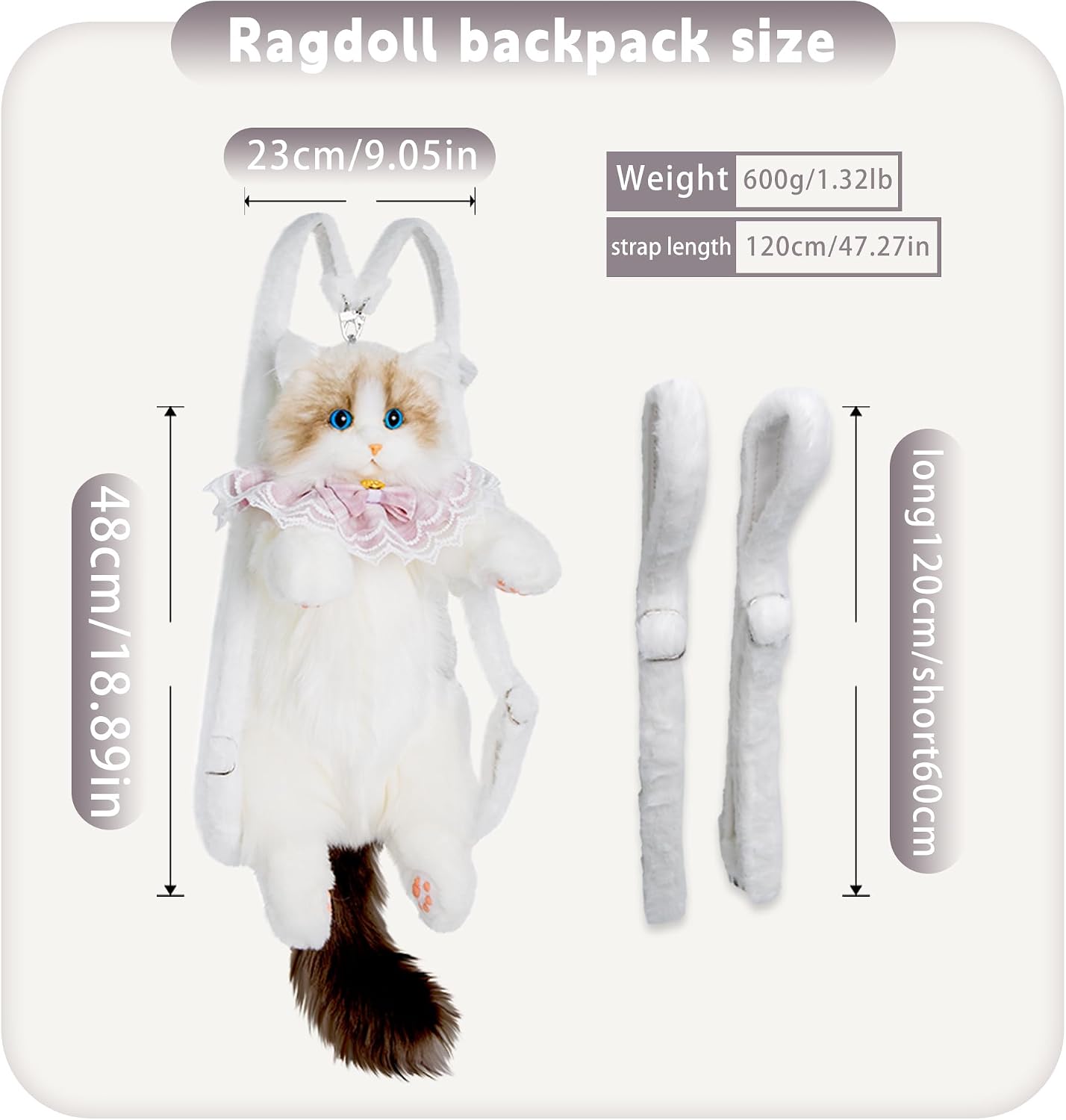 Chongker Stuffed Realistic Cat Plush Backpack, Cute and Soft Cat Shaped Backpack with Detachable Straps, Enough Room to Hold Keys, Wallet, Cell Phone, Ideal Gift for Girls, Ragdoll