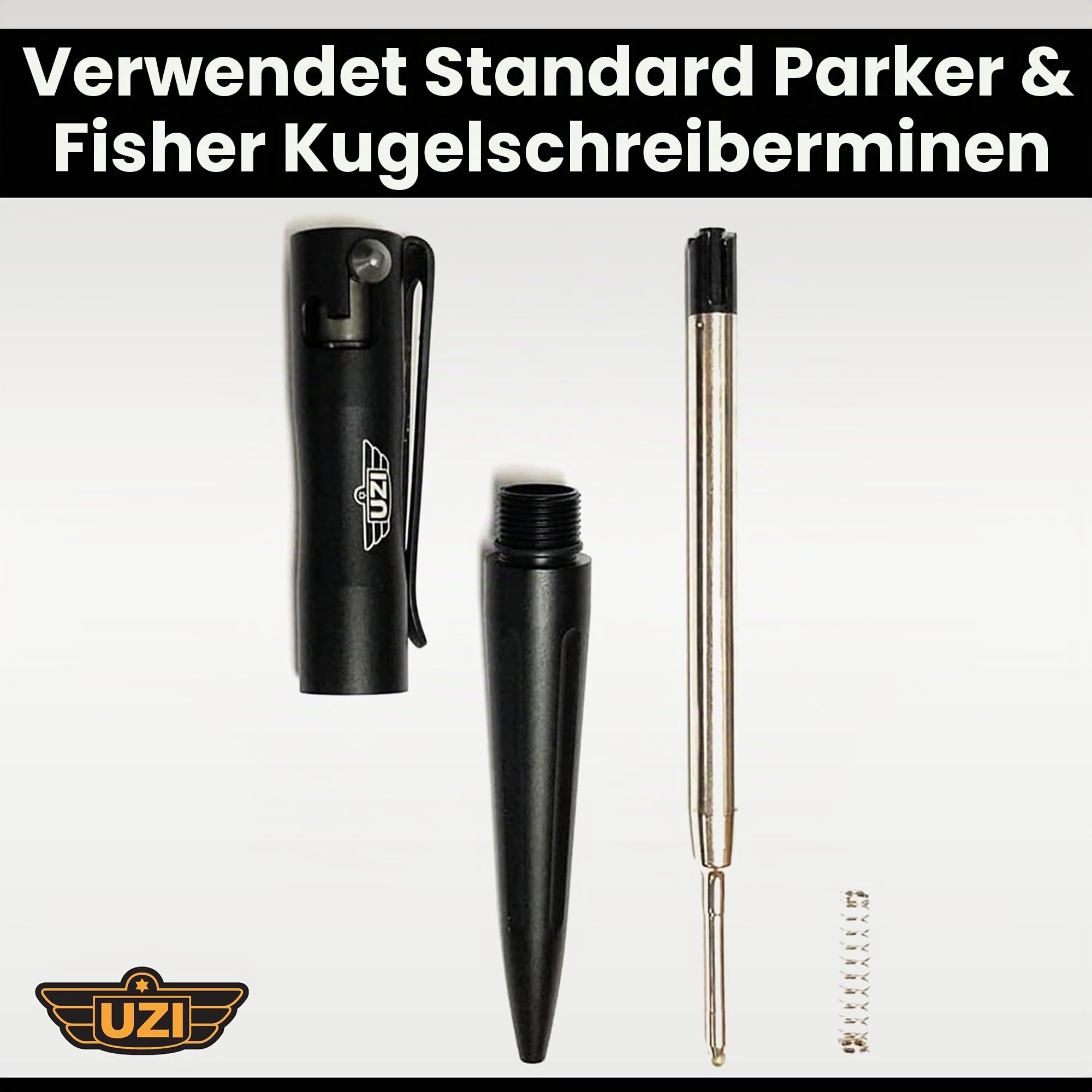 UZI Tactical Pen UZI-TACPEN2-BK Flugzeug Aluminium Selbstverteidigung BestTactical Pen Multi-Tool Überlebens Defender Tool w/Glasbrecher, Real Kugelschreiber Miltary und Polizei EDC -schwarz