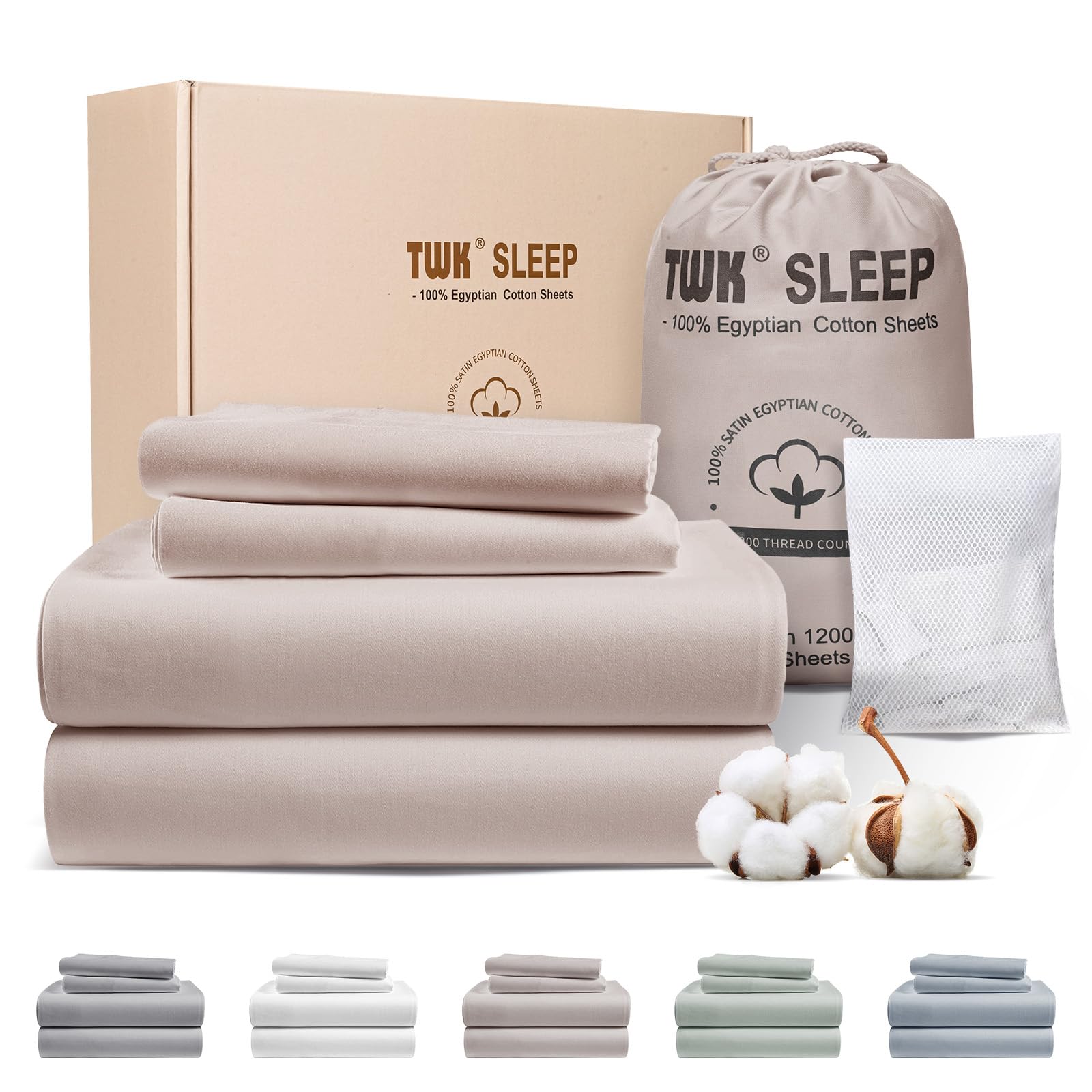 TWK 1200 TC 100% Egyptian Long-Staple Cotton Bedding Sheets Set, Luxury Hotel Style Deep Pocket with Elastic Reinforced Seams Sheet Set, Soft &amp; Comfy Natural Sheets (Sand, Queen(60 * 80 * 18inch))