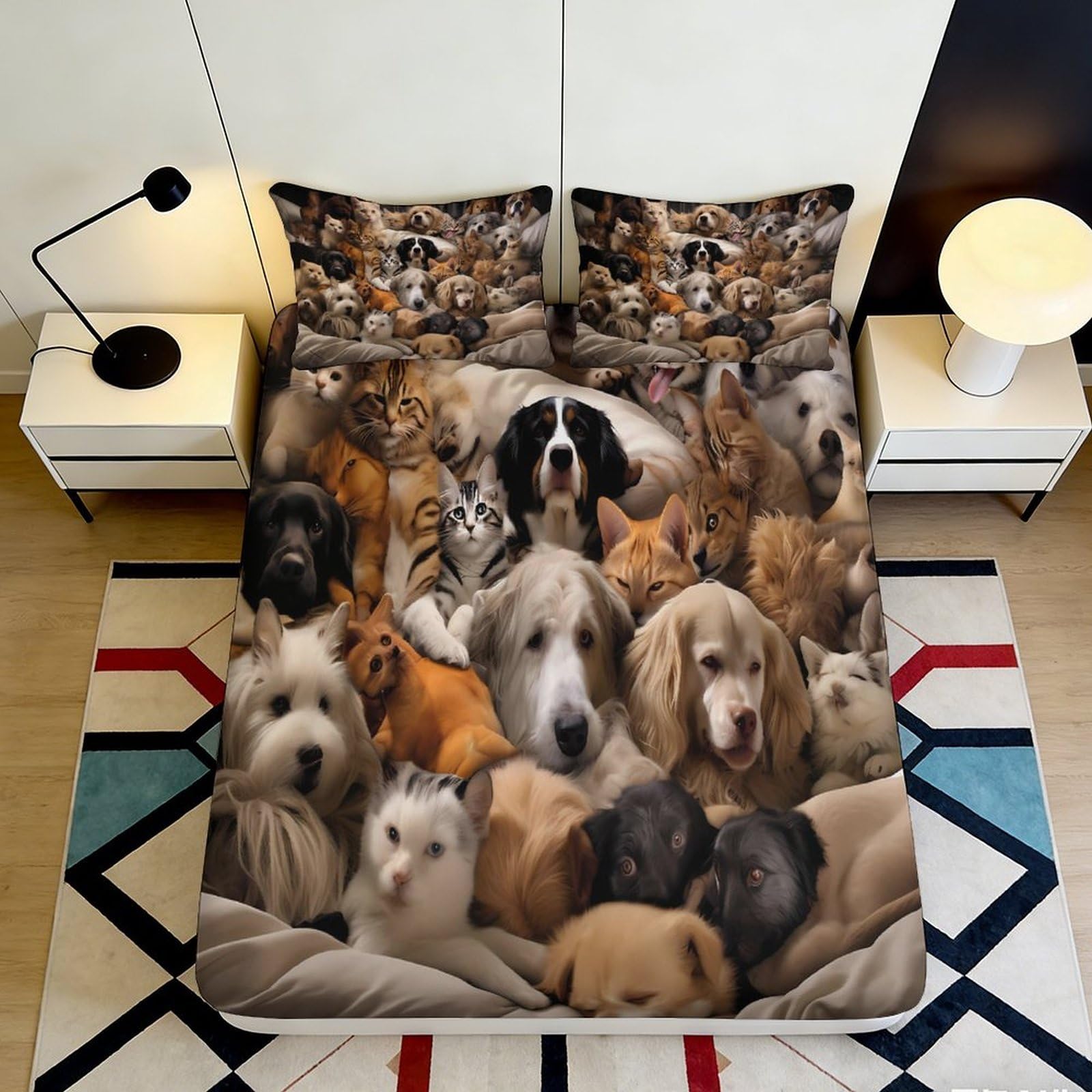 3D Printed Dog Cat Pattern Fitted Sheet Microfiber Soft Anti-Slip Mattress Cover for Bedroom Dorm Guest Room Decor, Easy Care, 120x200cm 200x200x25cm