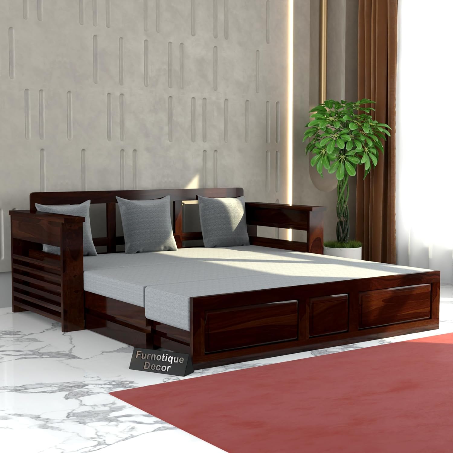 Solid Sheesham Wooden Sofa Cums Bed with Mattress for Living Room | Rosewood 3 Seater Sofa Cums Bed for Bedroom Without Pillow (Walnut,Mossy, 3 Seater) Solid Sheesham Wooden Sofa Cums Bed with Mattress for Living Room | Rosewood 3 Seater Sofa Cums Bed for Bedroom Without Pillow (Walnut,Mossy, 3 Seater)