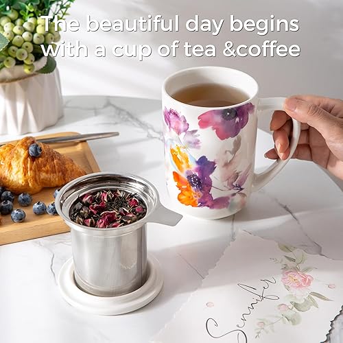 Miniatura 5 de AmorArc Taza de Té de Porcelana con Infusor y Tapas, Taza Grande de 18 Oz con Colador y Soporte para Bolsa para Té de Hojas Sueltas, Taza de Café de
