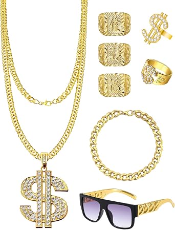 XdealCozyxc 8 PCS 80s 90s Rapper Fake Gold Chain Set, Hip Hop Jewelry for Men Women Party Costume Cosplay Decorations