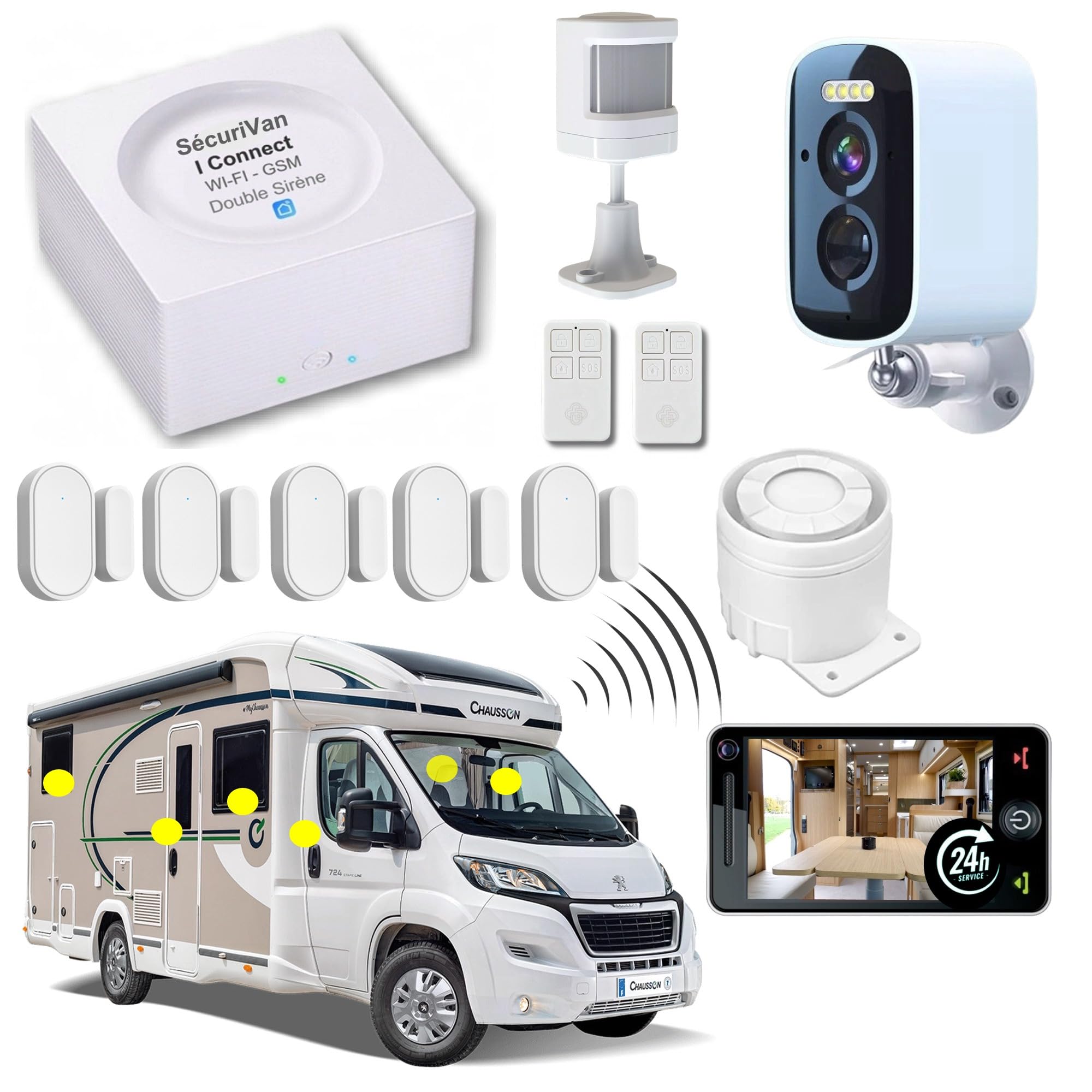 Nouveau - Alarme de Camping Car - WiFi - avec Télé Surveillance 24h/24h – 1 Camèra de Surveillance - 2 Sirènes 125 DB - 5 Détecteurs d'ouvertures - 1 détecteur de Mouvement - 2 Tél