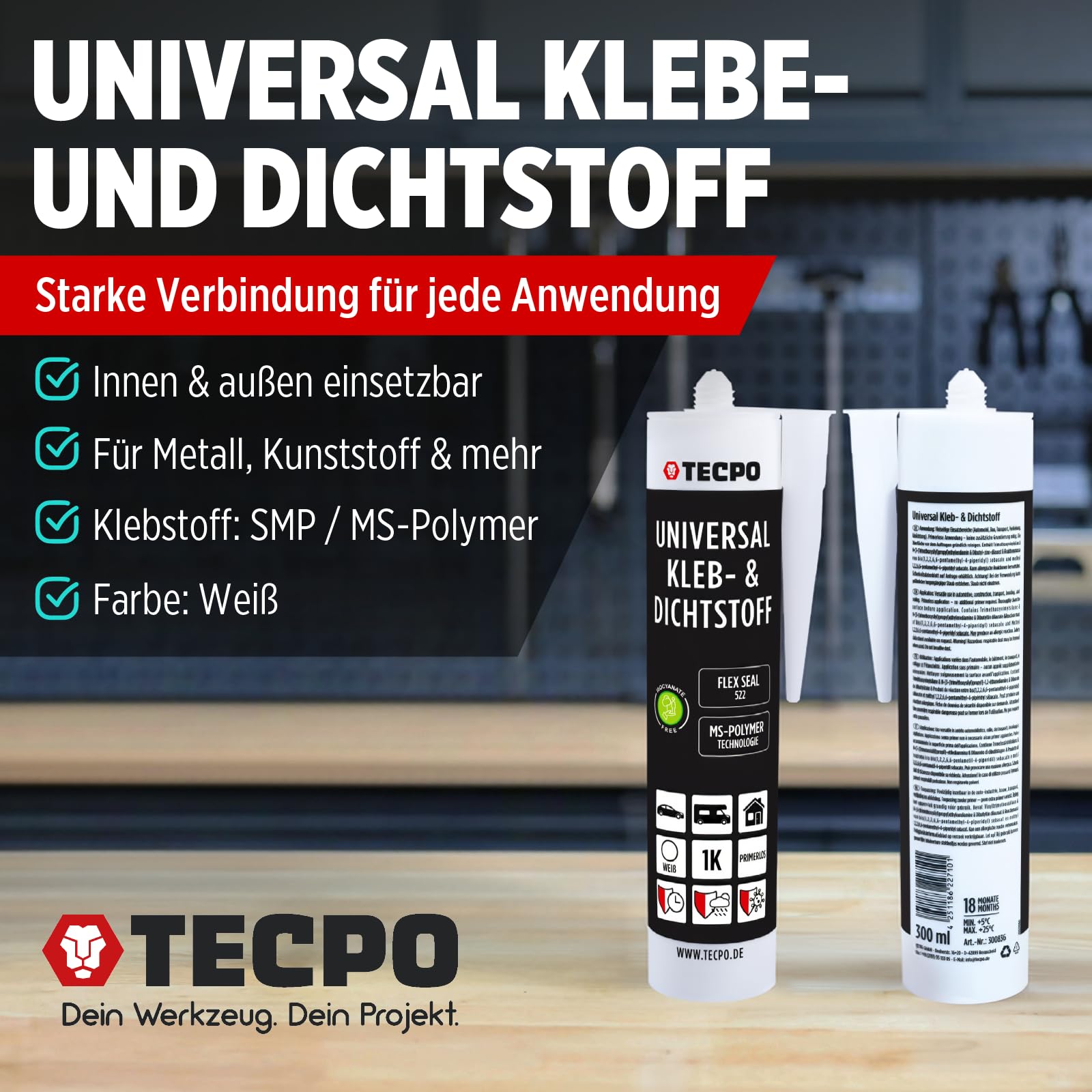 TECPO Universal Kleb- und Dichtstoff MS-Polymer 24x 480g weiß Flex Seal 522 elastisch, silikonfrei, lösemittelfrei, Auto Wohnmobil Bau Industrie Innen und Außen