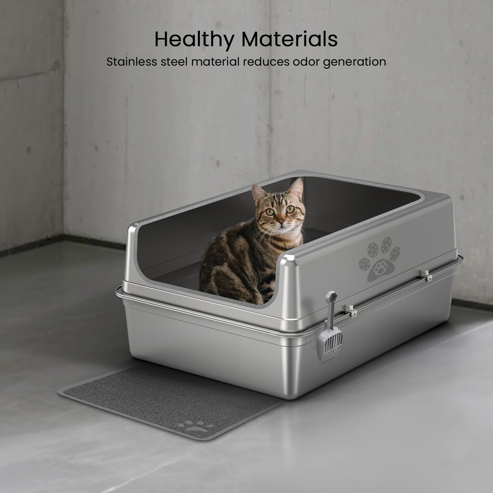 PTLOM Lettiera per gatti in acciaio inox con coperchio, XXL estraibile in acciaio inox, bordo alto 30 cm, robusta, facile da pulire, con paletta per gatti, 69,5 x 49,5 x 30 cm