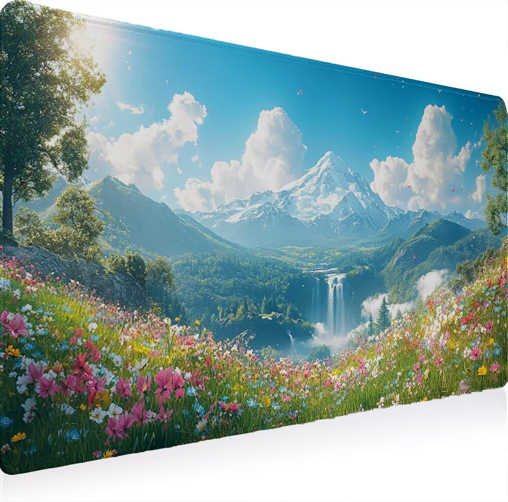 Großes Mauspad XXL 1500 x 800 mm Gaming Mousepad Nähten Rändern rutschfeste Gummibasis Glatter Oberfläche, Wasserdicht und Ianglebig Schreibtischunterlage, Office Mouse Pad Büro (Berg Blume) W0G1-497
