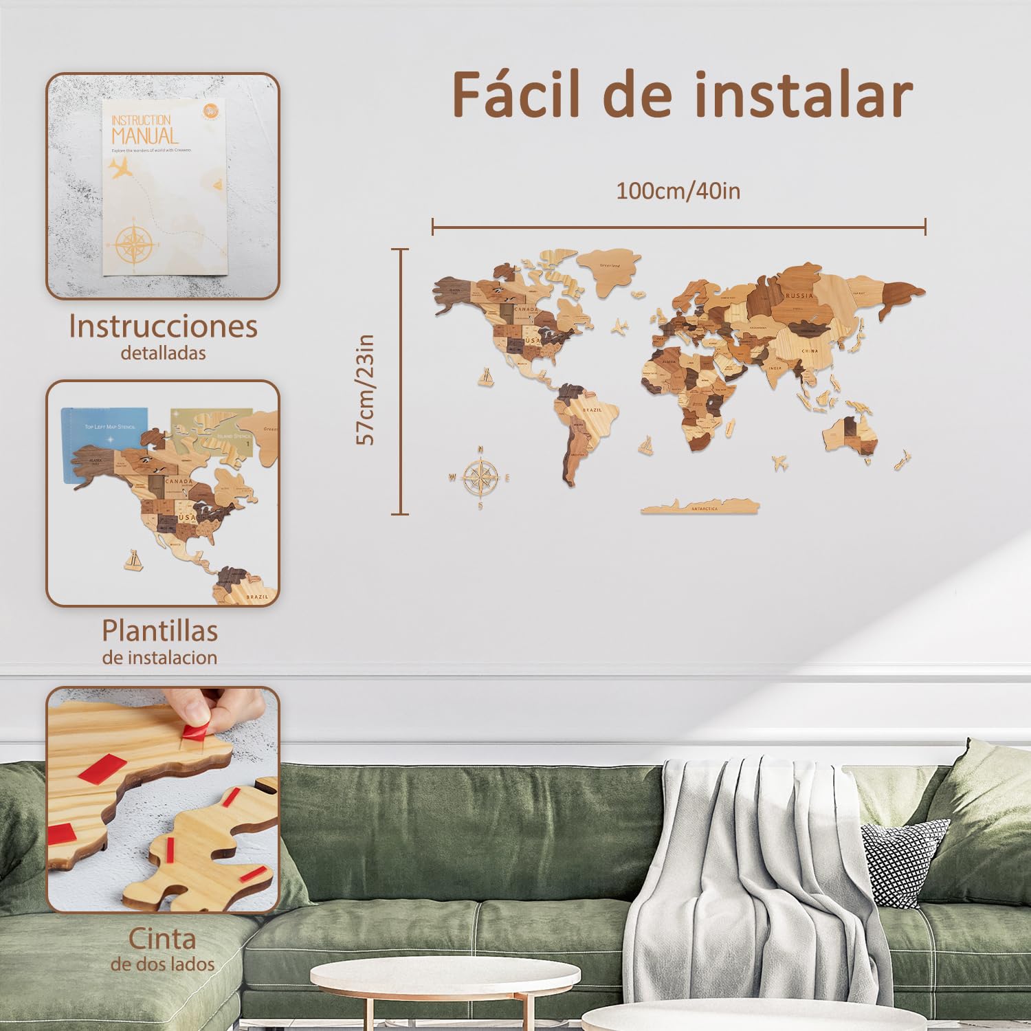 Creawoo Mapa del Mundo 3D de Madera para Decoración de Pared, Grande Mapamundi Maciza Natural Multicapa Arte de Pared para Oficina Sala de Estar Dormitorio, Mapamundi de Viaje de Madera-100x57cm