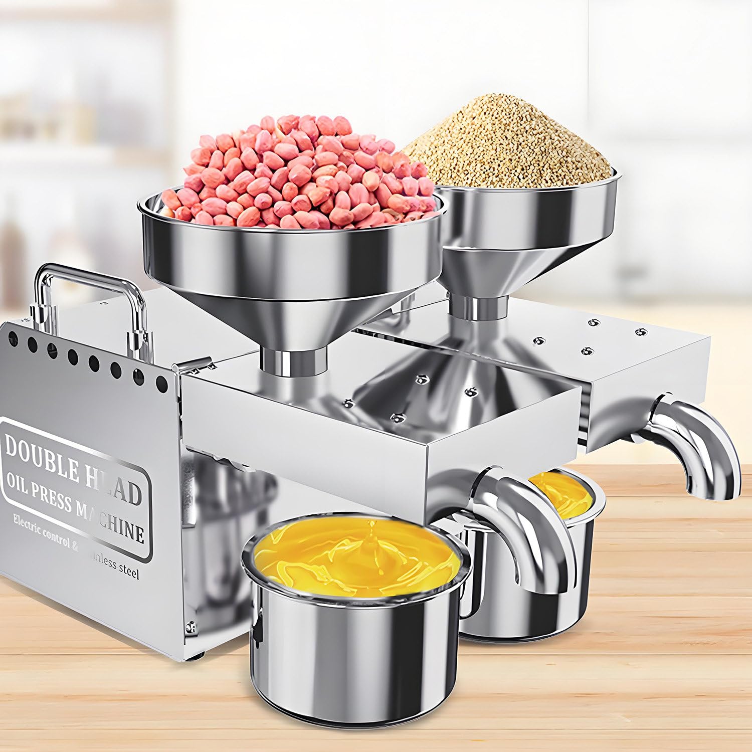 Máquina de prensa de aceite de doble cabezal, 1600 W de temperatura constante, prensa fría y caliente, salida de 6 a 13 kg/h, trabajo continuo de 24 horas para frutos secos y semillas