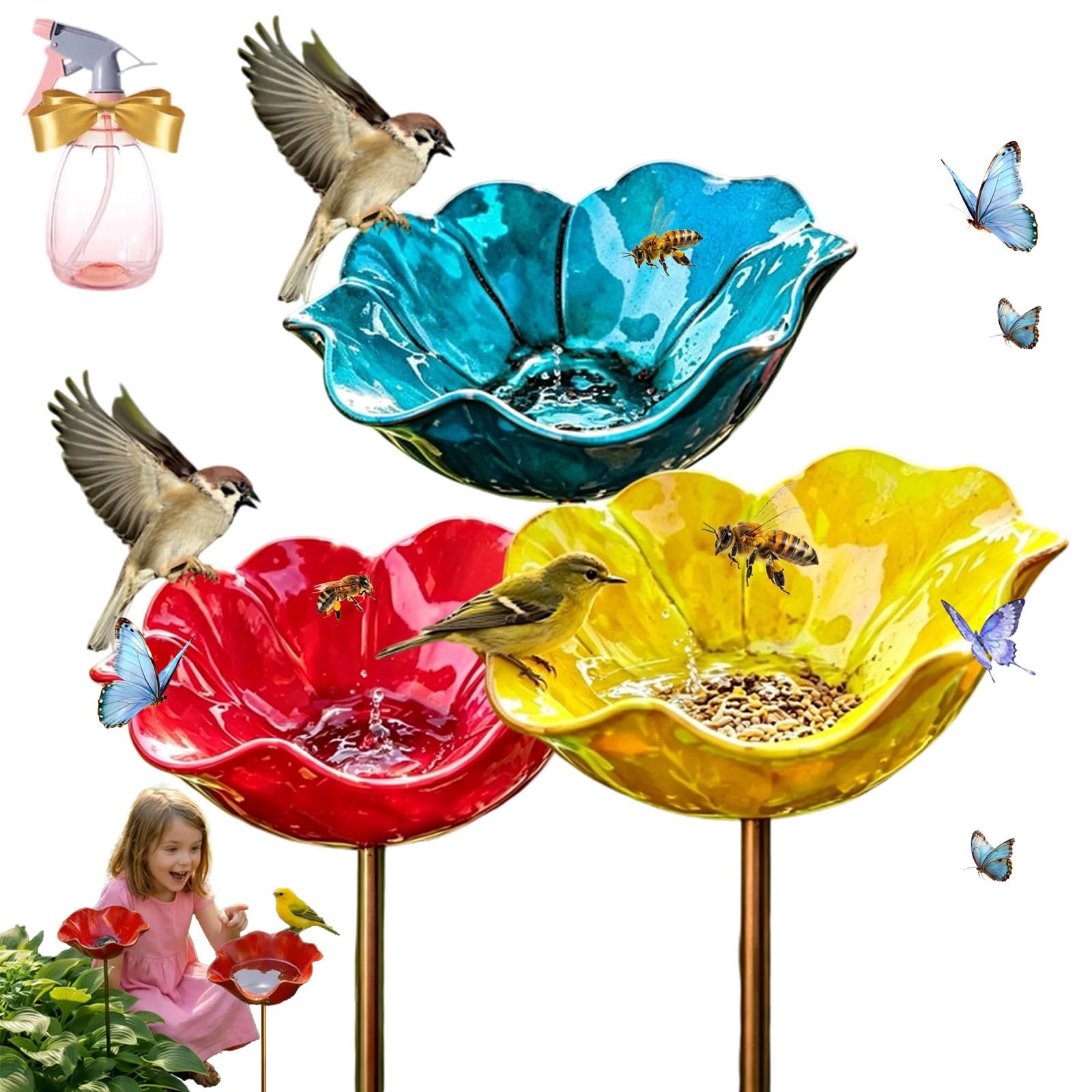2026 New Flower Garden Stake Bird Bath, Handmade Metal Flower Garden Stake, Insect Potion Ceramic, for Bees & Birds, Bird Bath Feeding Bowl Lawn & Balcony, Your Gardens in No Time(I,2)