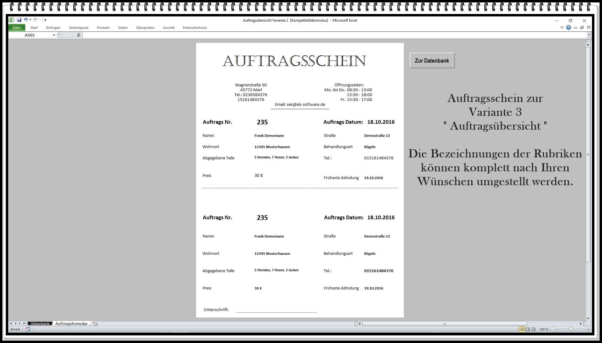 Auftragsverwaltung mit Abholschein für Excel inkl. Rechnungsvorlage | Kundenverwaltung, Auftragsannahme
