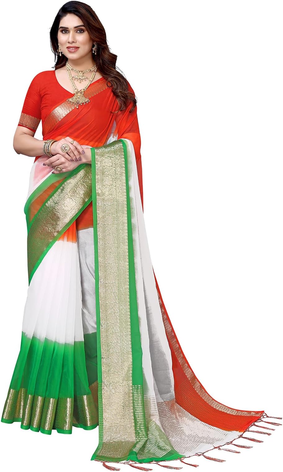 Women'S Organza Jacquard Border Saree With Unstitched Blouse Piece