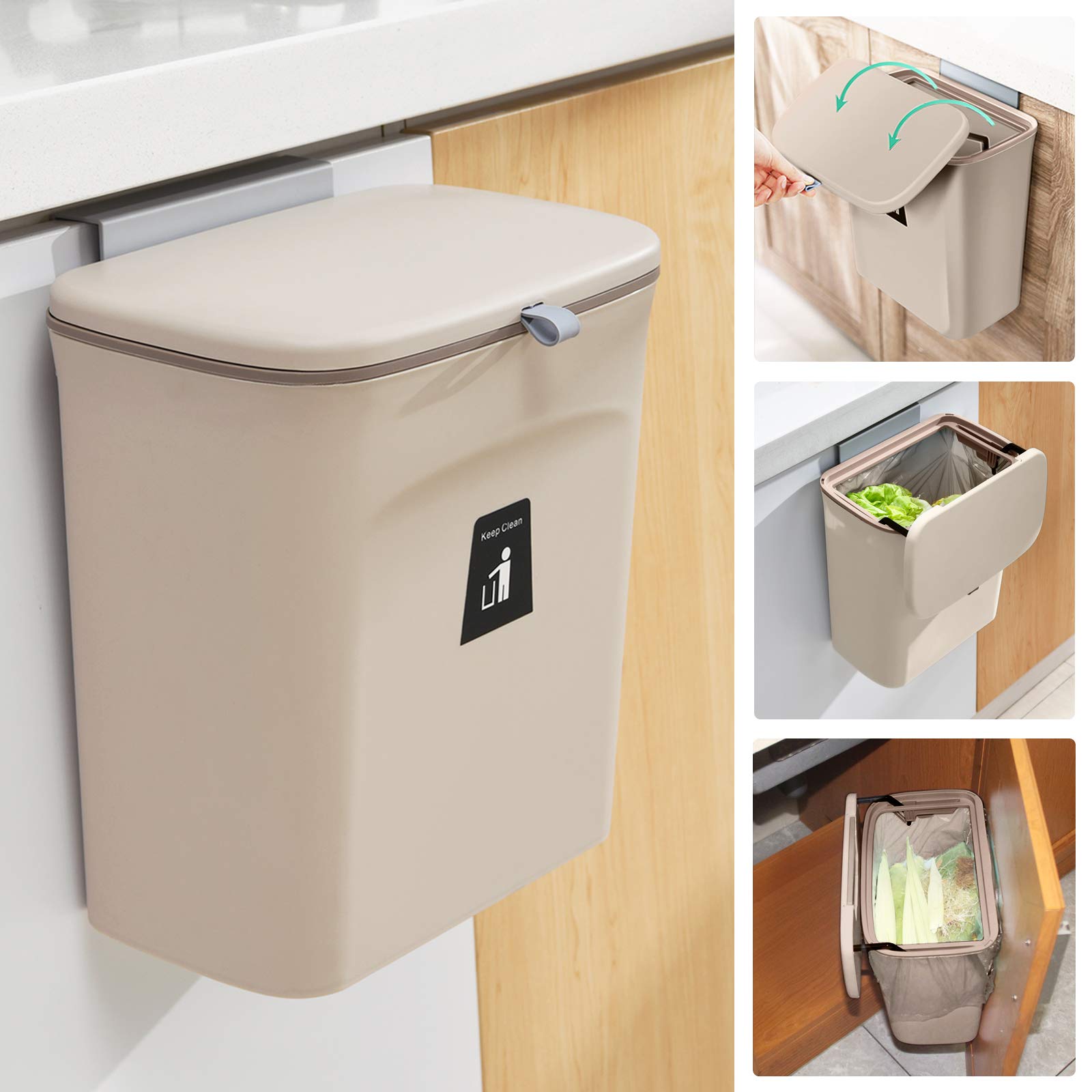 Tiyafuro 2.4 Gallon Kitchen Compost Bin for Counter Top or Under Sink, Hanging Small Trash Can with Lid for Cupboard/Bathroom/Bedroom/Office/Camping, Mountable Indoor Compost Bucket, Coffee