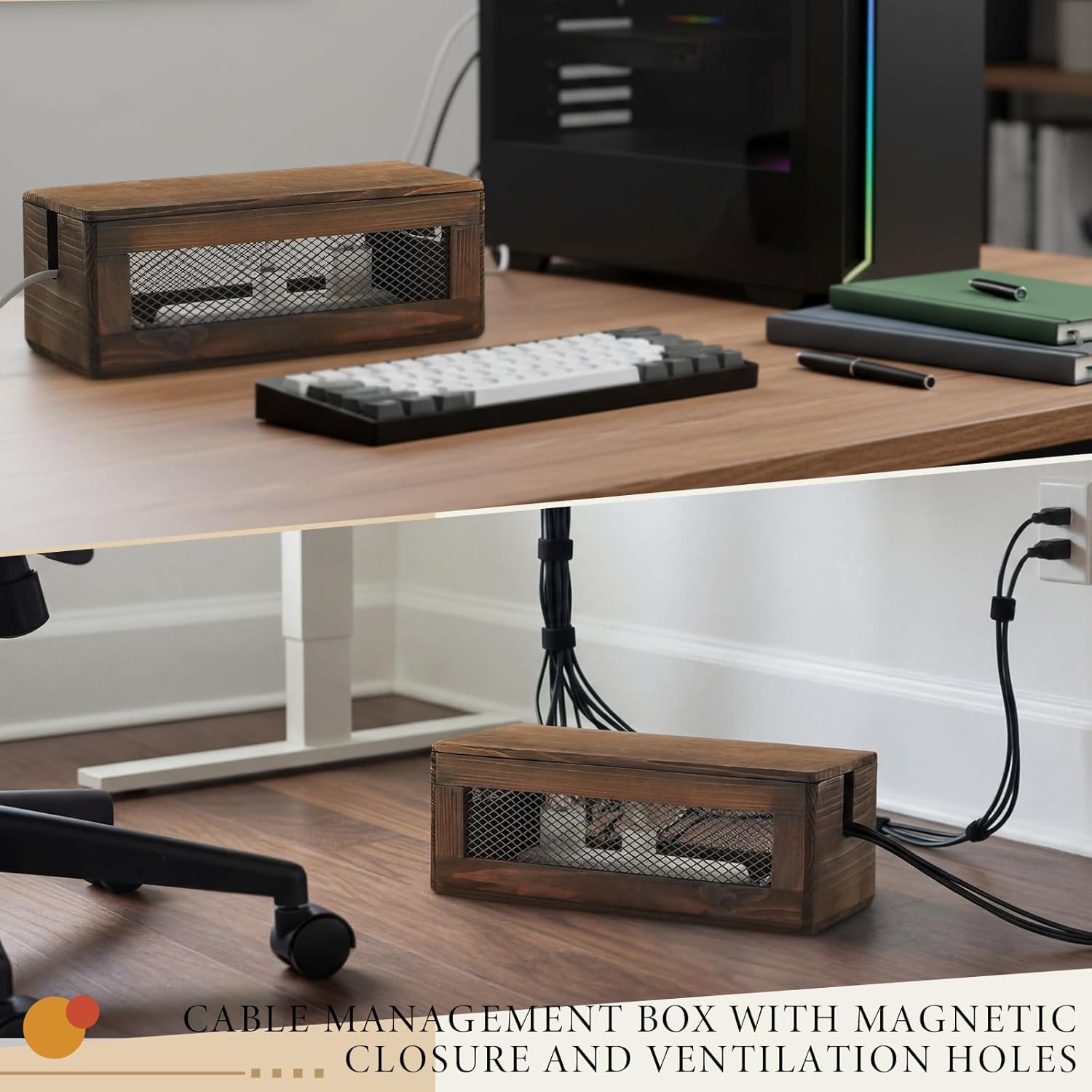 Chunful Extra Large Cable Management Box, 16'' Wood Cord Hider Organizer with Magnetic Lid & Organizer for Power Strip, TV Wires & Desk Cable Storage, Ventilation Hide Floor Cables