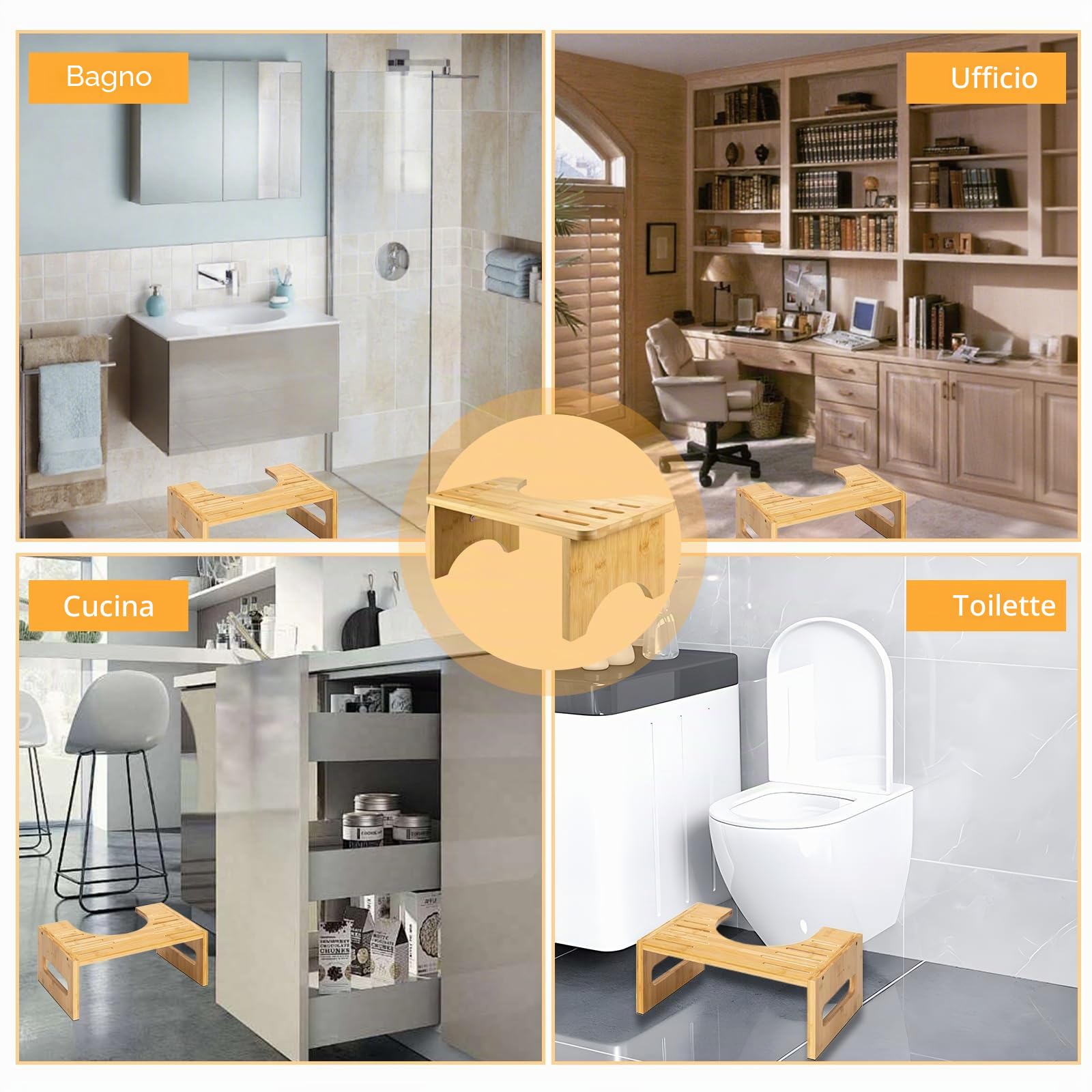 Sgabello da Bagno Fisiologico in Legno, Sgabello WC Pieghevole in Bambù Sgabelli a Forma di C Resistente a 35 Gradi