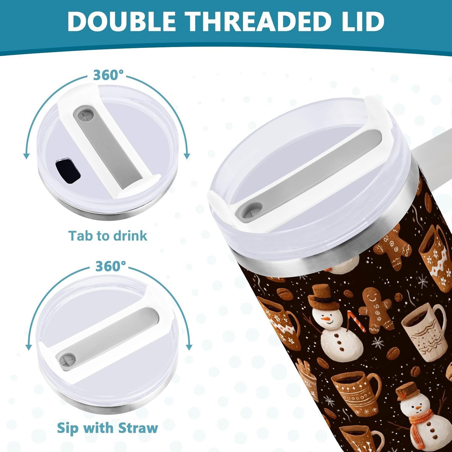 Boccsty Christmas Coffee Bean Snowman Insulated Tumblers Gingerbread Reusable Stainless Steel Tumbler 40 oz Cup Travel Mug Water Bottle with Handle & Flip Straw for Home Office Car