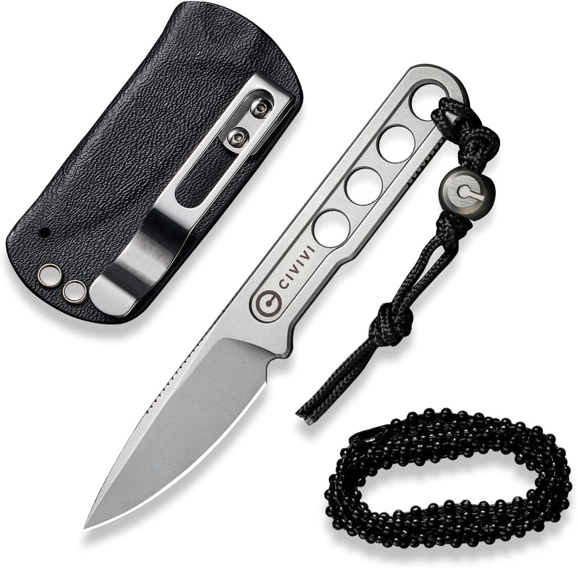 CIVIVI Circulus Fixed blade knife, 1.96" Cutting Edge Stonewashed 10Cr15CoMoV Steel with A Black Kydex Sheath, A Nylon Lanyard with Titanium Bead C22012-2