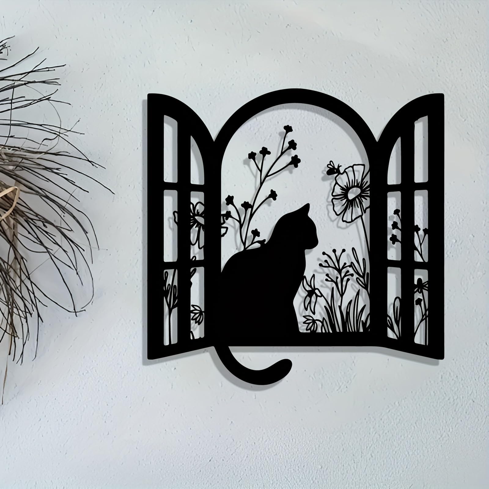 Generico Decoración de pared abstracta contemporánea de Metal con gato en la Ventana, escena Floral con silueta Negra, Hierro, para interiores, hogar, para enamorados (30 cm/11,81 pulgadas)