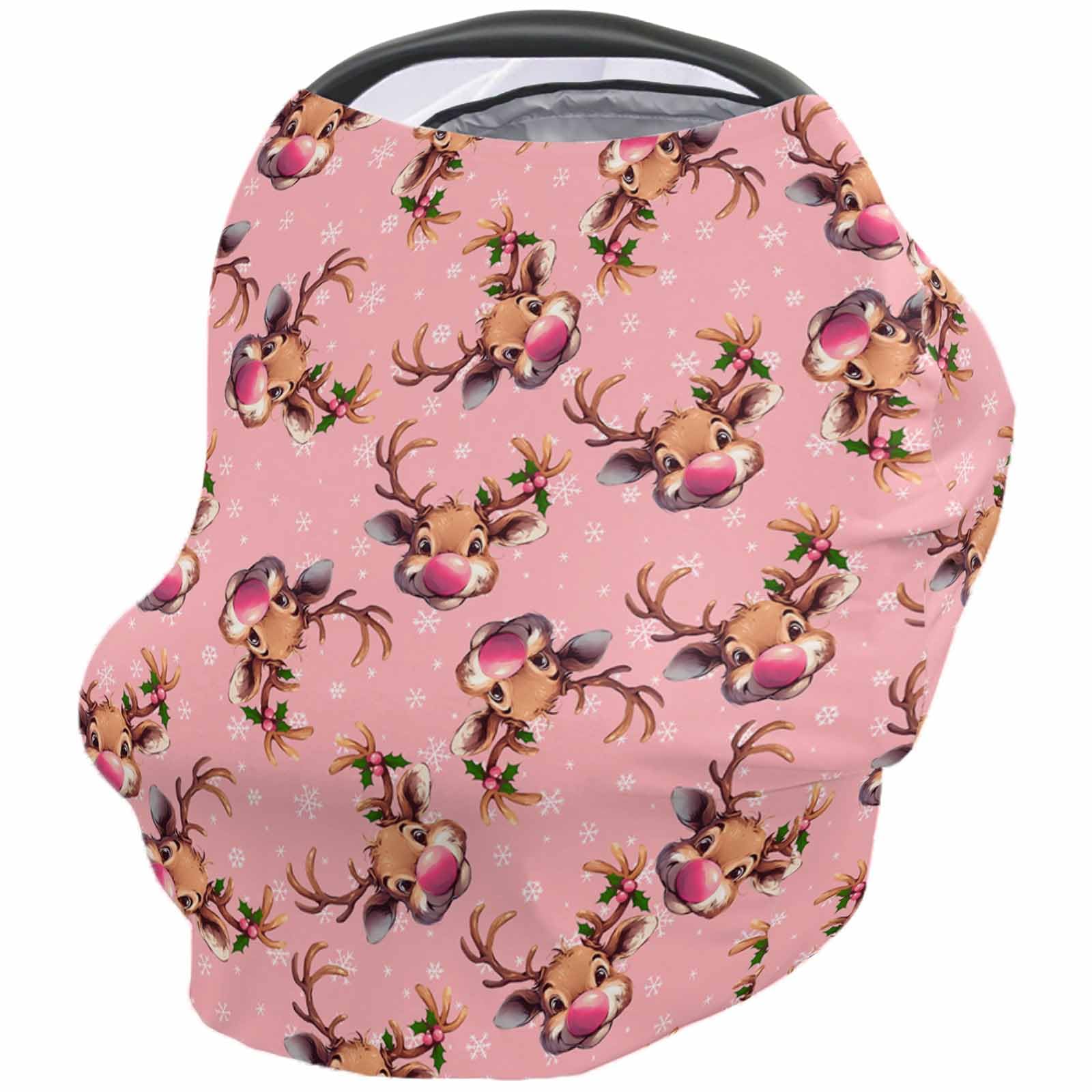 Nursing Cover for Breastfeeding Scarf, Christmas Cartoon Deer Pink Nose Snowflake Baby Car Covers Super Soft Multi Use for Canopy Shopping Cart Cover Blanket Stroller Cover