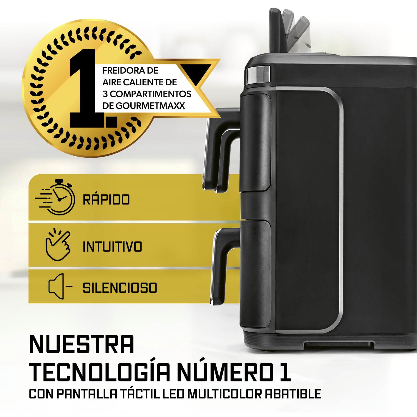 GOURMETmaxx FryUp3 Freidora de aire caliente vertical de 3 cámaras, freidora de aire caliente XXL de 17 litros, con pantalla táctil plegable, 12 programas Onetouch, ventana de visualización, freidora