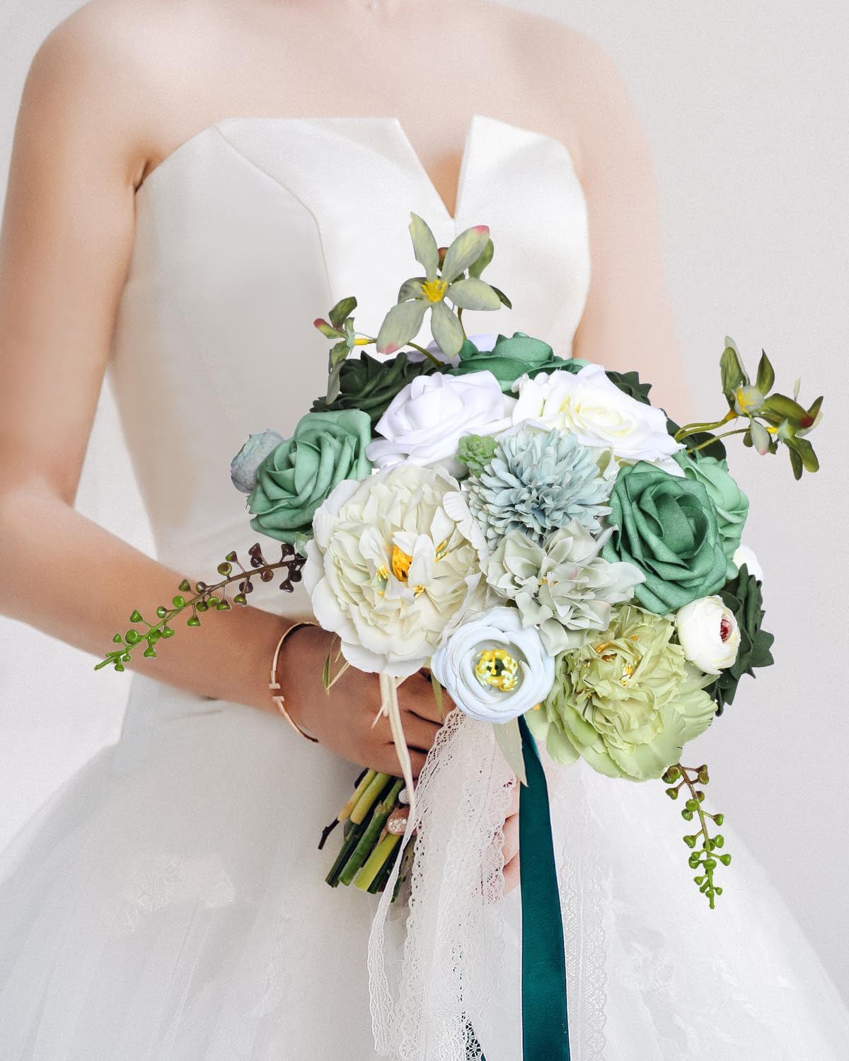 Kisflower Green Artificial Flowers Combo Cake Flowers Decorations Fake Hydrangea Dahlia Silk Roses Gift Box for DIY Wedding Bridal Bouquet Centerpieces Arrangements Party Holiday Decor (Forest Green) - Image 3