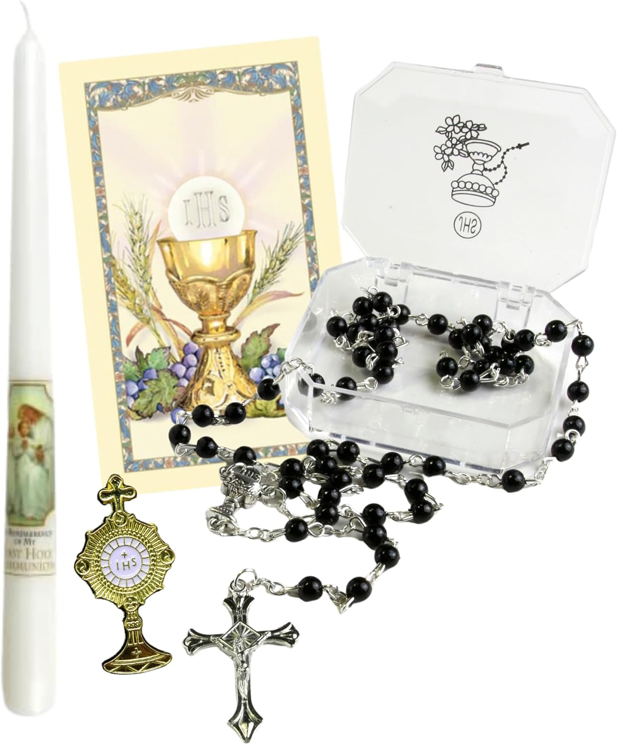 First Communion Set with Candle, Black Rosary, Lapel Pin, and Prayer Card, Catholic Gift Ideas for Boys, (4 Pack)