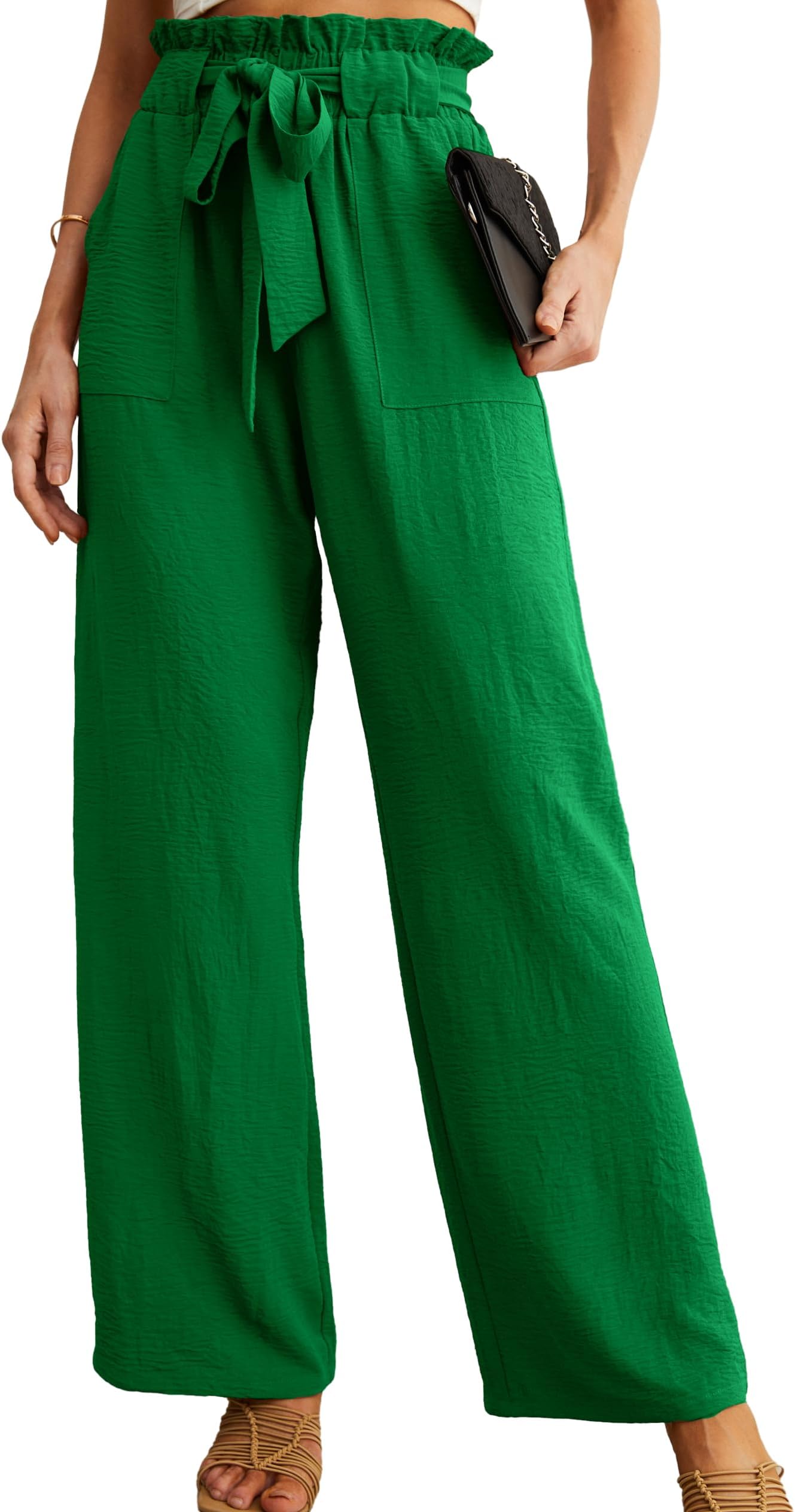 IWOLLENCE Women High Waist Palazzo Pants, Adjustable Knot Ankle Wide Leg Trousers Pockets Beach Vacation Lounge Office
