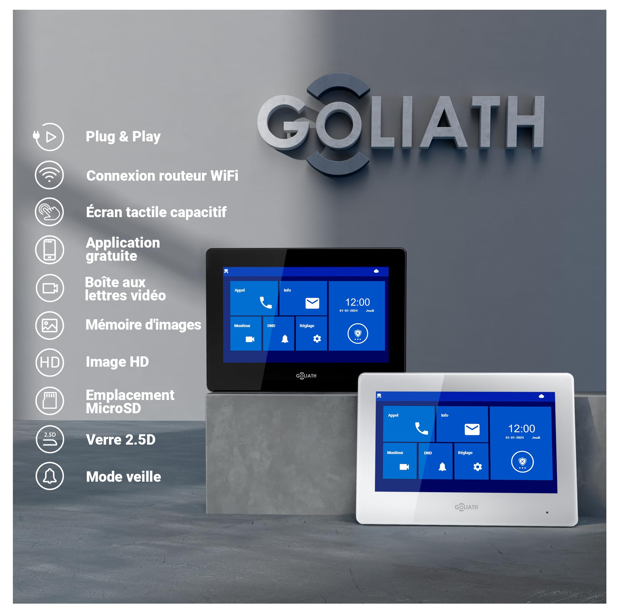 Goliath Interphone vidéo Basique, Bus 2 Fils, Moniteur de 7 Pouces, Sonnette en saillie avec caméra, interphone avec Ouverture de Porte, Maison individuelle, Application pour Smartphone
