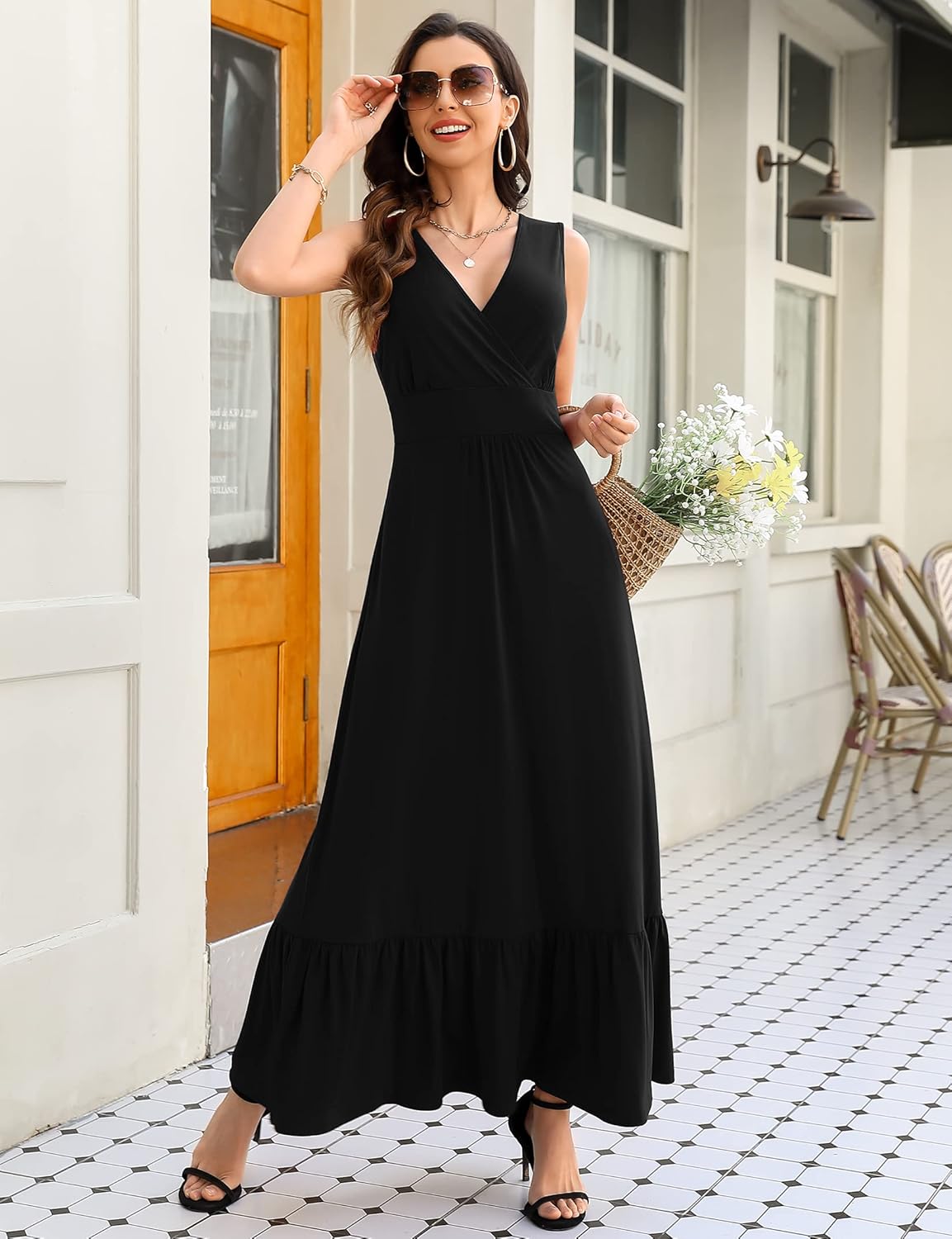 MISSKY Womens Summer Sleeveless Deep V Neck Dress Ruffles Long Maxi Casual Dresses for Women with Pockets - Image 5