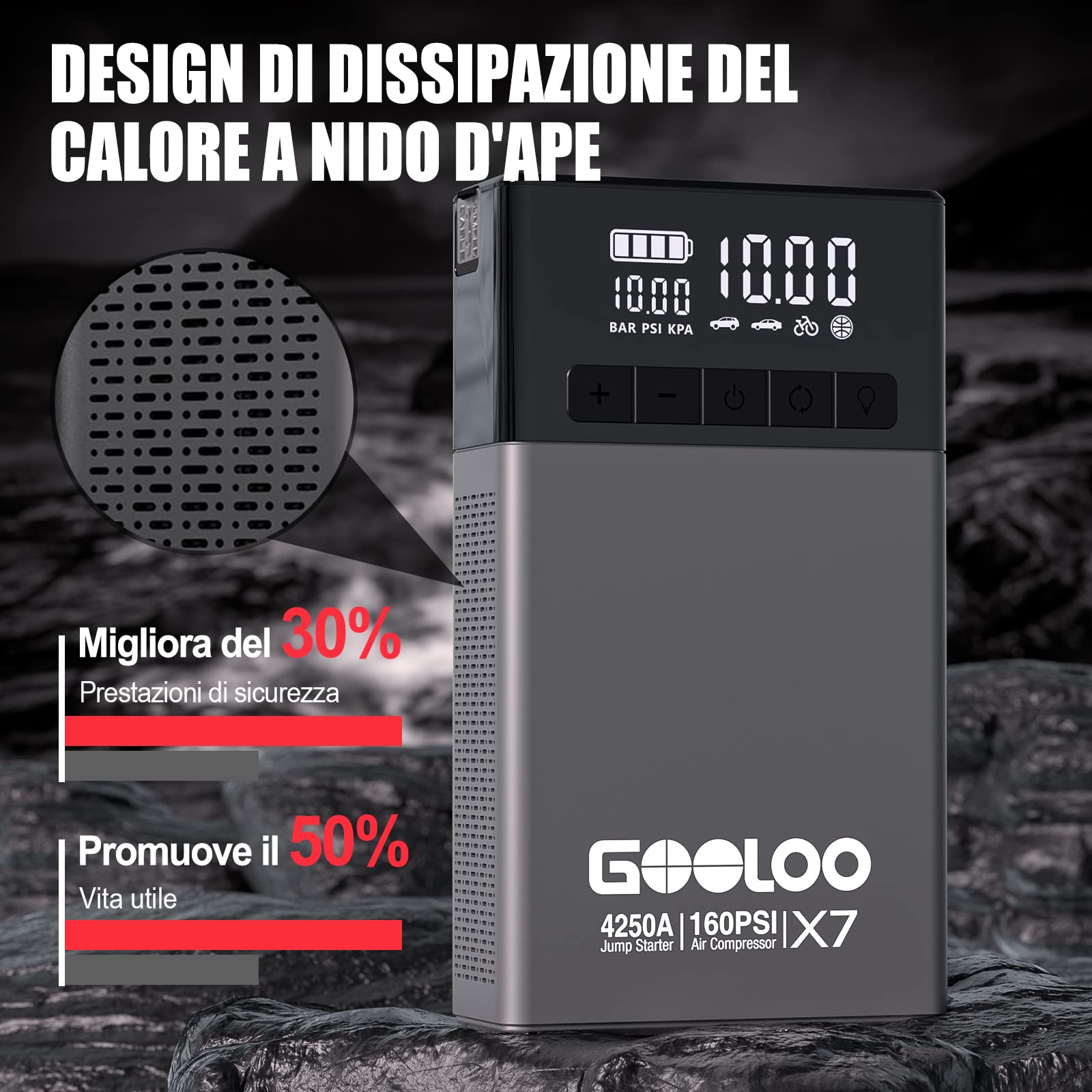 GOOLOO X7 4250A Avviatore Batteria Auto con Compressore d'Aria, Supersafe 12V Avviatore Emergenza per Auto con 160 PSI, Display LCD, Torcia LED, Adatto per Benzina da 10,0L e Diesel da 10,0L