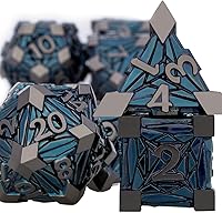 Vista 2 de 7 piezas de dados de metal DND con caja, dados RPG negros y azules D y D para usar con juegos de mesa D&D, juego de rol, juego de dados poliédricos