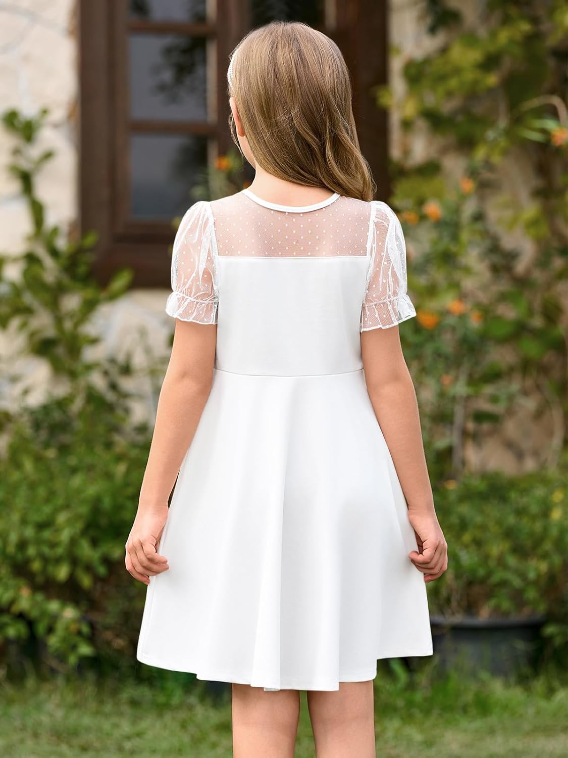 Haloumoning Girls Contrast Mesh Puff Short Sleeve Dress Kids High Waist A Line Casual Dresses with Pockets 4-14 Years - Image 6