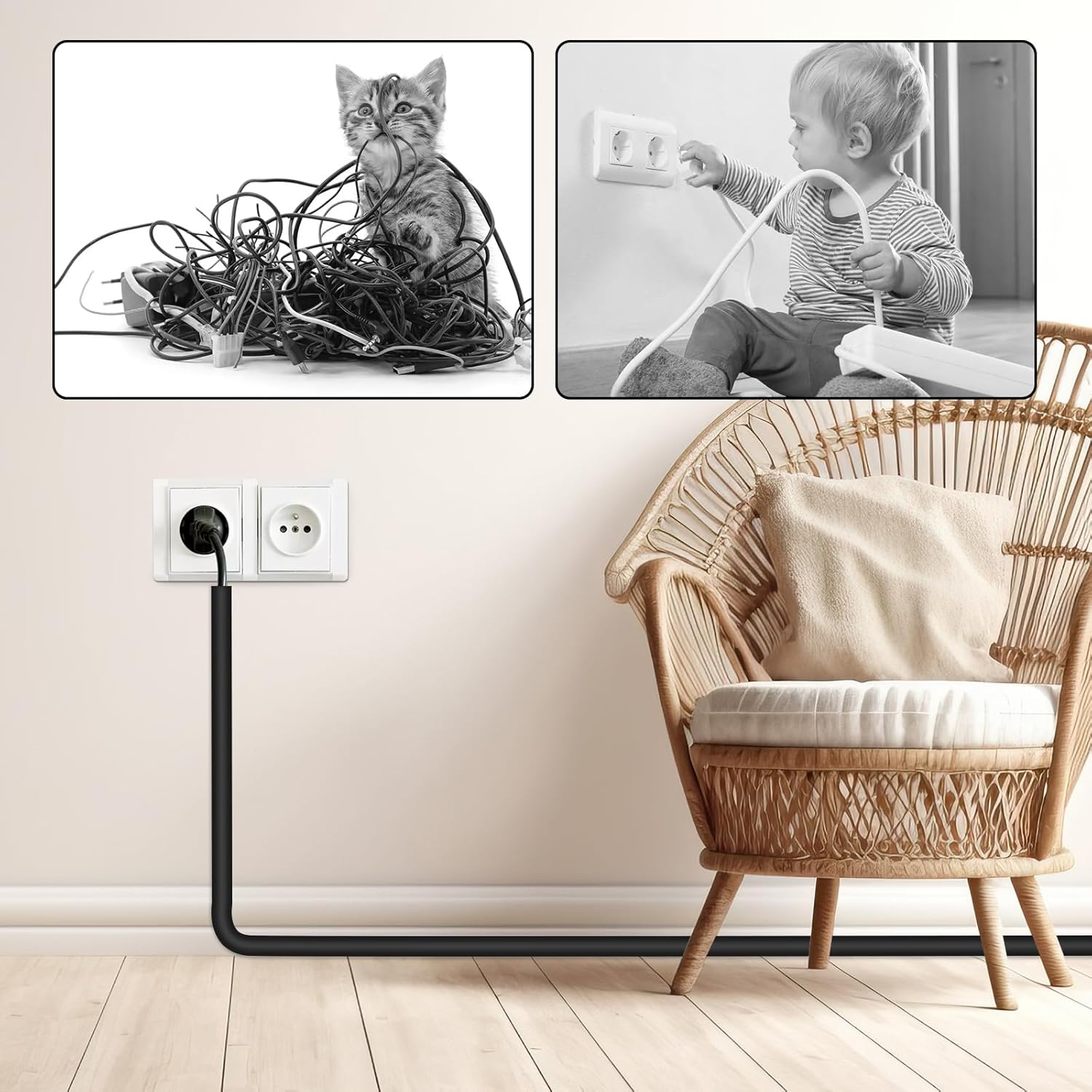 Self-Adhesive Cable Hider,Flexible Wire Cover Cable Raceway for Wires, Wall Mount TV, Home Audio, Network,Power and Phone Line Managemen (Black, 236inch)