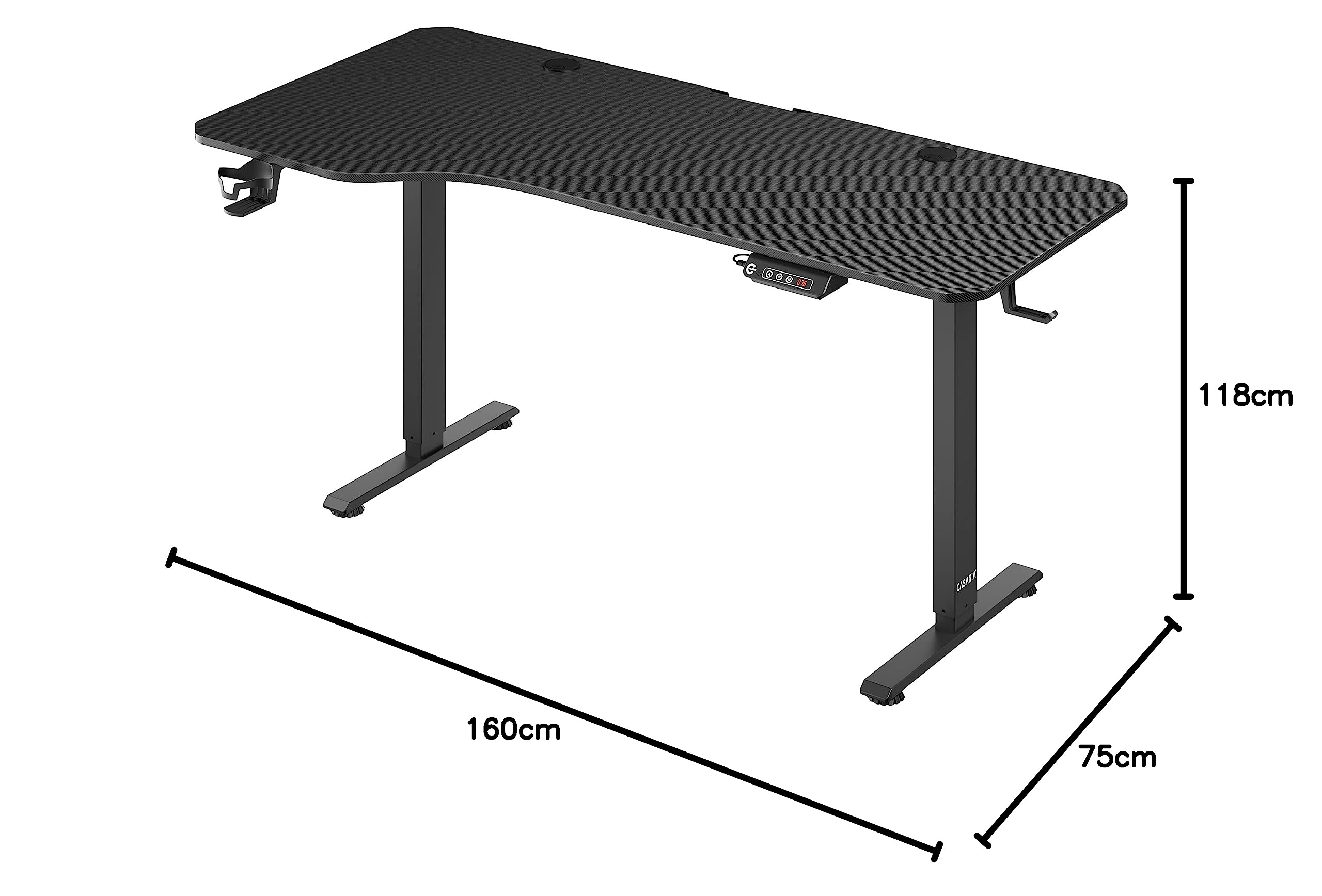 Casaria® Höhenverstellbarer Schreibtisch 160x75 cm elektrisch mit Kopfhörerhalter Tassenhalter Modern Büro Gaming PC Computer Tisch Schwarz Carbon-Optik