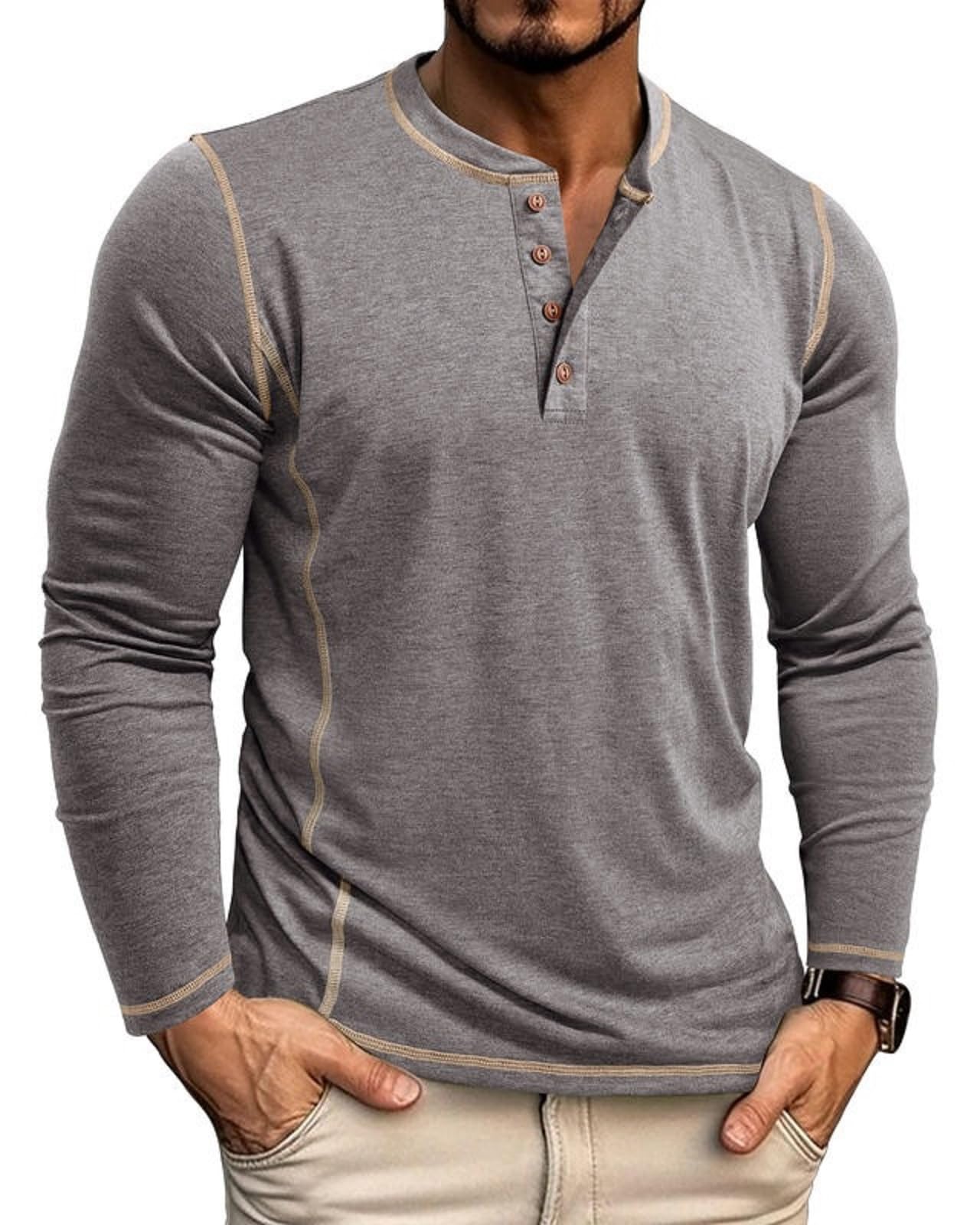 LAOARA T Shirt Uomo Maglietta Manica Lunga Cotone Slim Fit Henley Tshirt Maglia Bottone Magliette M-2XL