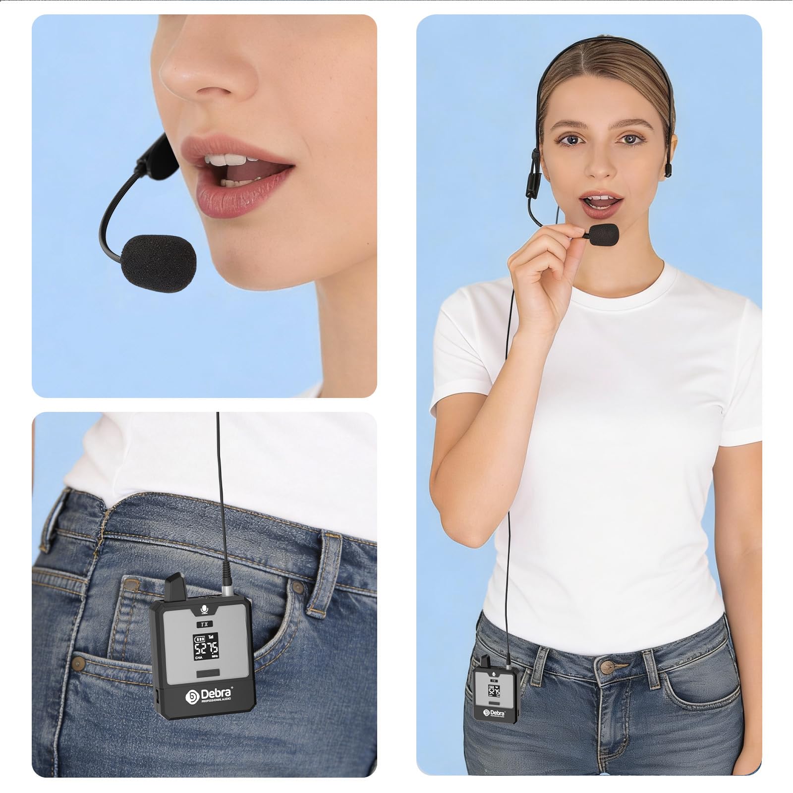 D Debra DT-01 Micrófono Inalámbrico UHF con Receptor – Set de Micrófono de Diadema Recargable, Plug & Play, Alcance 30m, Tecnología Inalámbrica, para Karaoke, Conferencias, Iglesias, Deporte