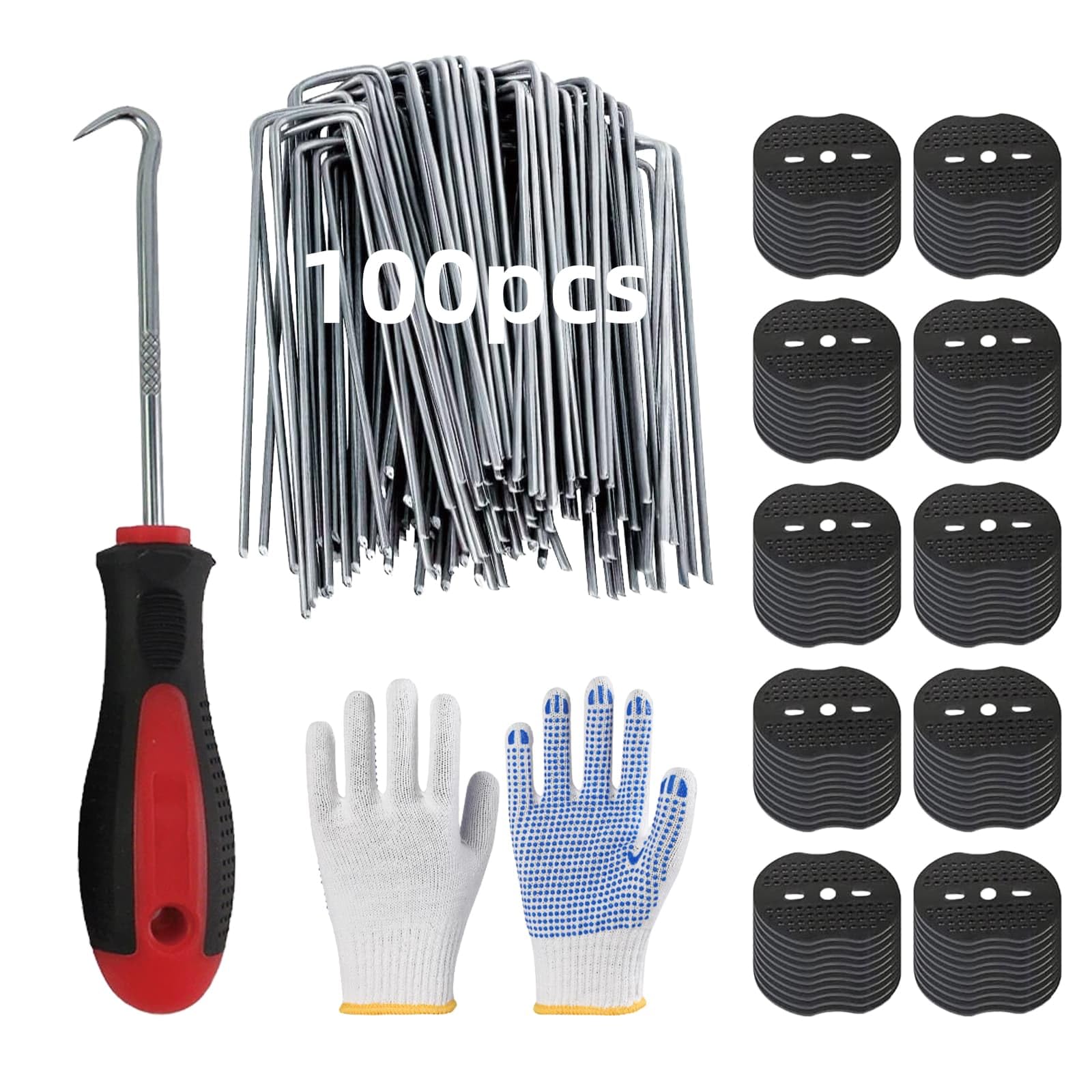 100 6"/150mm Weed Control Membrane Pegs+100 Buffer Washer, Strong U-Shaped Ground Stakes Steel, Weed Mat Pegs for Metal Garden Landscape Staples Artificial Grass Pins