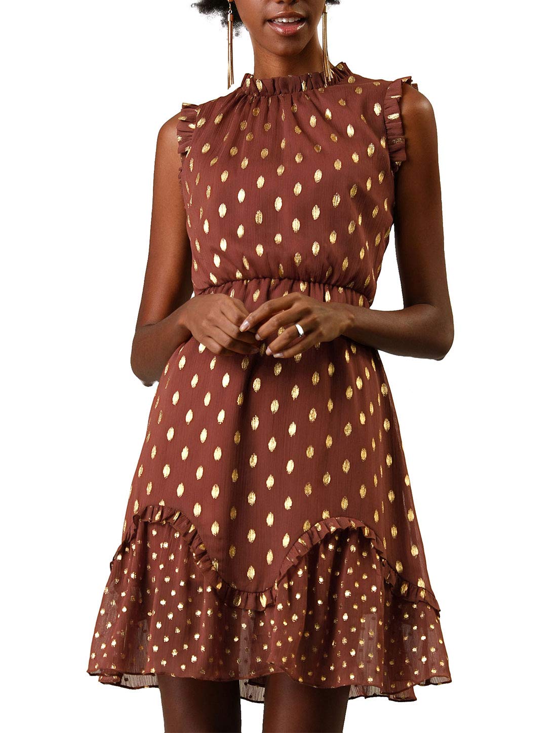 Women's Sleeveless Metallic Flounce Polka Dots Mini Dress