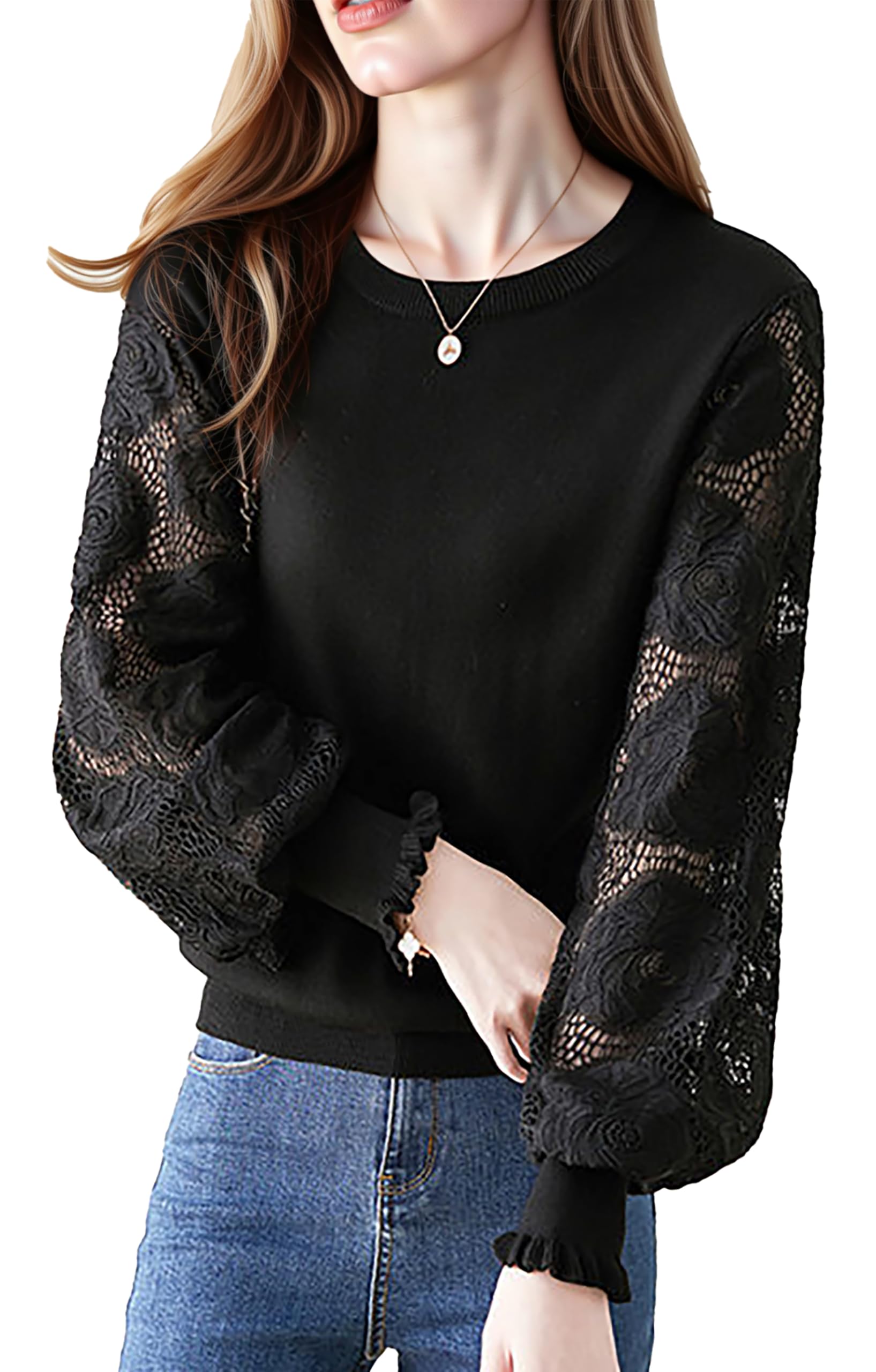 LAI MENG FIVE CATS Womens Sweater Shirt Puff Sleeve Patchwork Lace Hollow Crewneck Knit Pullover Tops