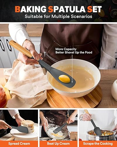 Miniatura 4 de Juego de cucharas de espátula de silicona, ideal para mezclar, plegar, raspar y untar, silicona mate resistente sin BPA, cuchara de goma con mango