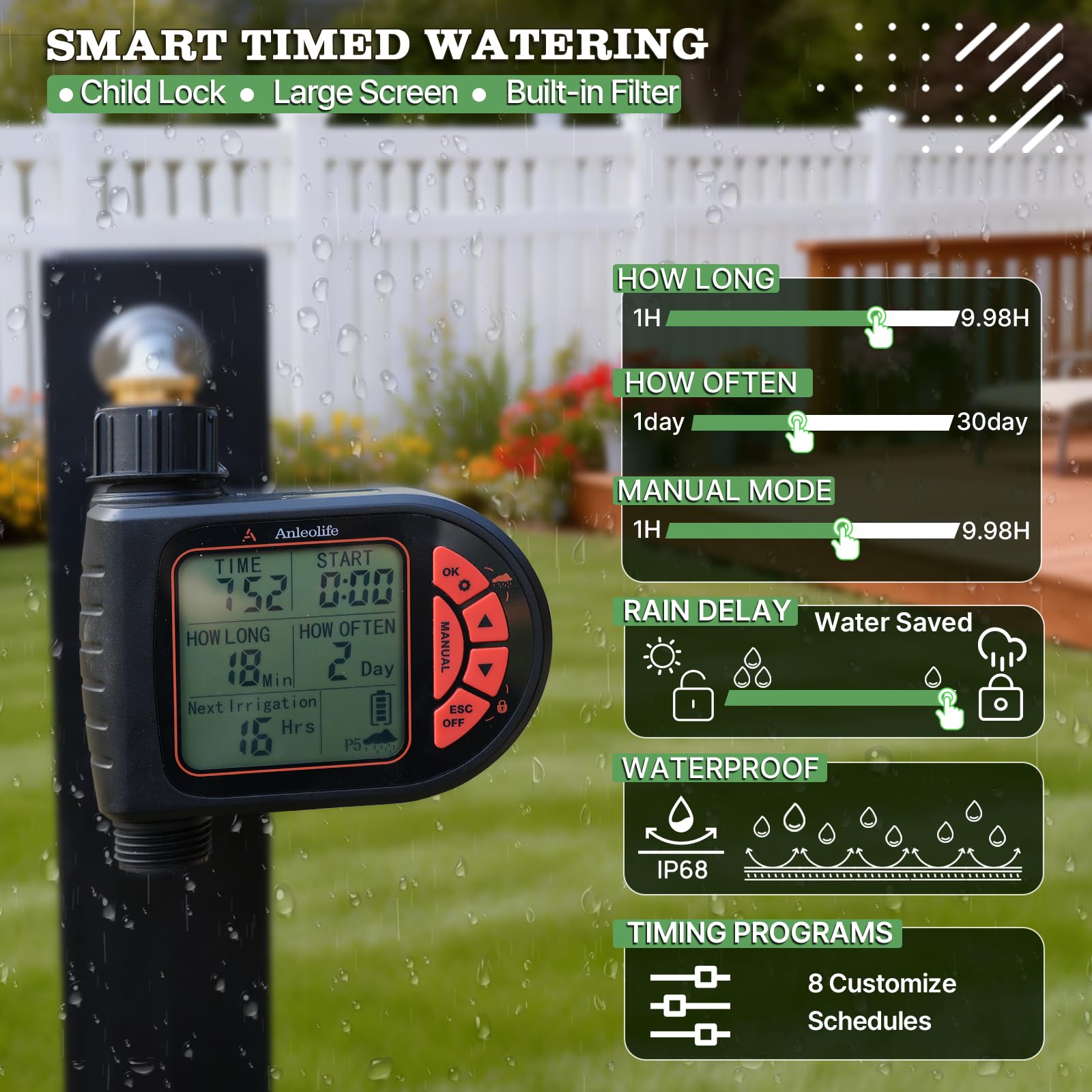 A ANLEOLIFE Kit di irrigazione automatica a goccia da 2,4 m con timer dell'acqua, 8 programmi personalizzati e schermo LCD, tubo a connessione rapida, ugelli regolabili e pieghevoli a 360° per aiuole