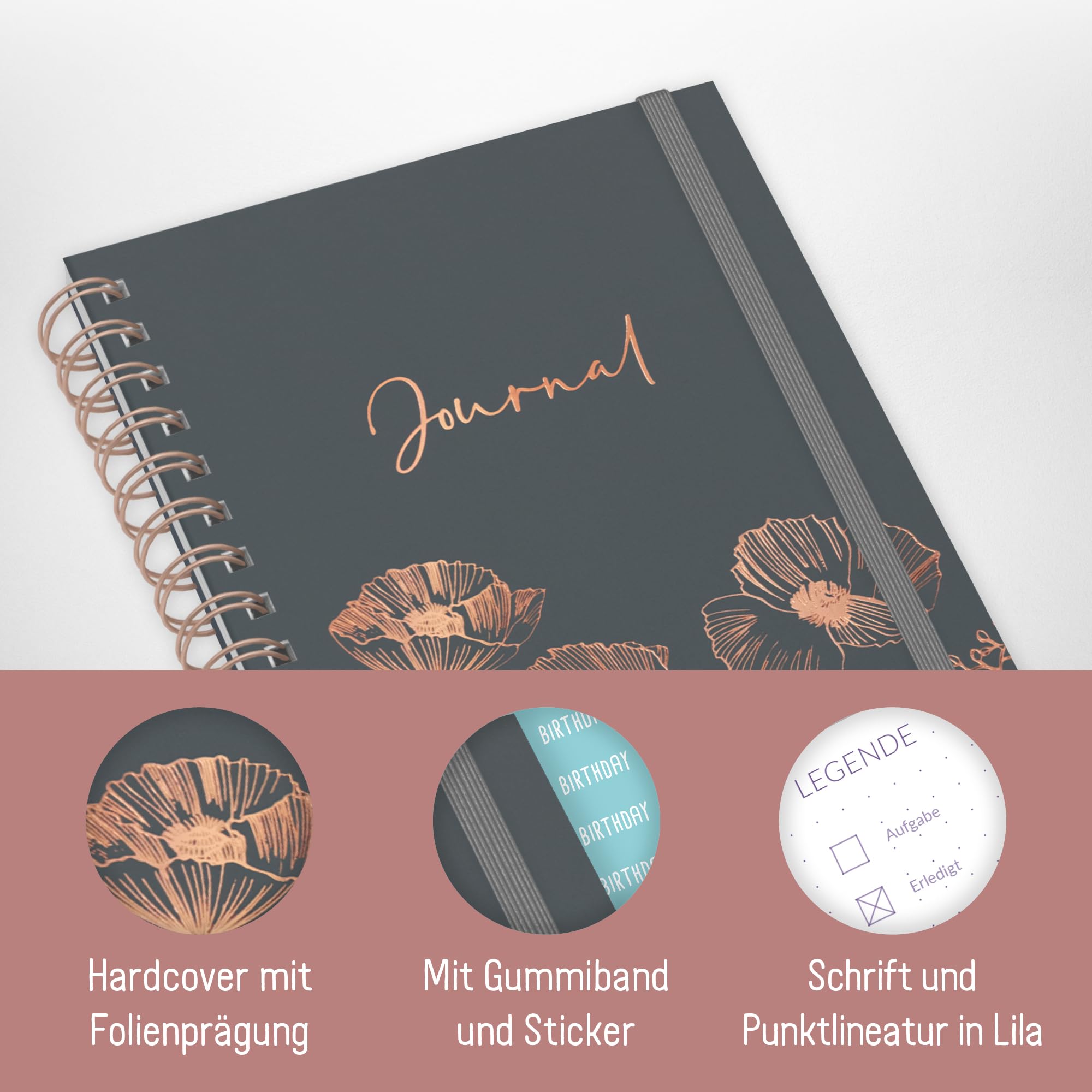 Hfft Dotted Journal Fancy - Hardcover notebook A5, 120 g/m paper, rose gold embossing, 160 pages - ring binder, diary Poppy - Image 2