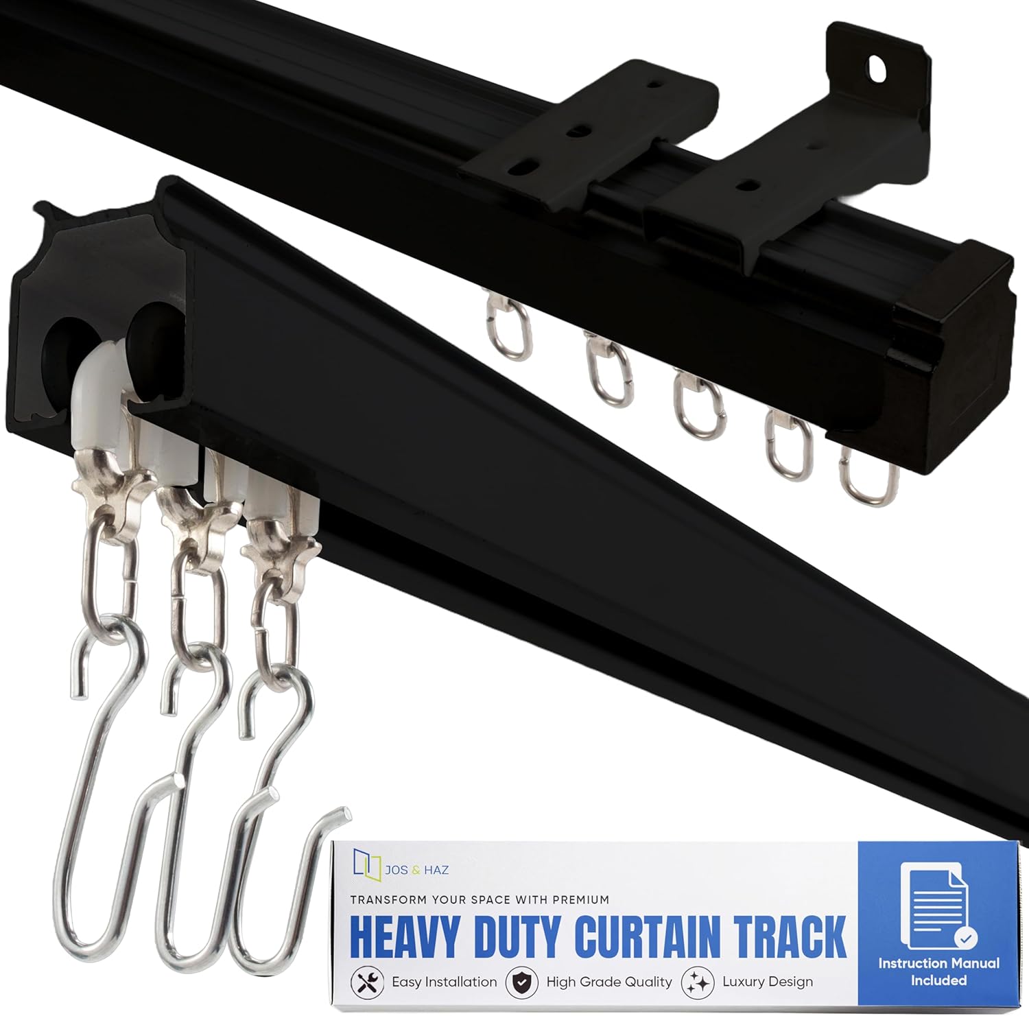 Jos & Haz Ceiling Curtain Track Set – 3ft-13ft / 4 Meter – Premium Heavy Duty Curtain Track, Ceiling Mount and Wall Mount for Room Divider, Living Room, Bedroom, Office Black 3ft-13ft / 4 Meter