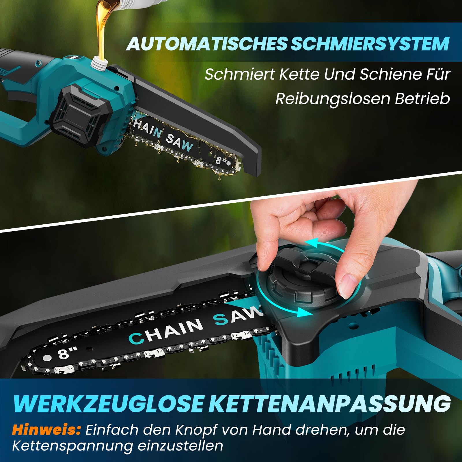 Anbull 2-in-1 Hochentaster Akku, 8 Zoll Mini Kettensäge Akku, 1200W Bürstenloser Motor mit 2 x 4000 mAh Batterien, Maximale Reichweite bis zu 4,8 m für Baum Trimmen Ast Schneiden Gartengerät