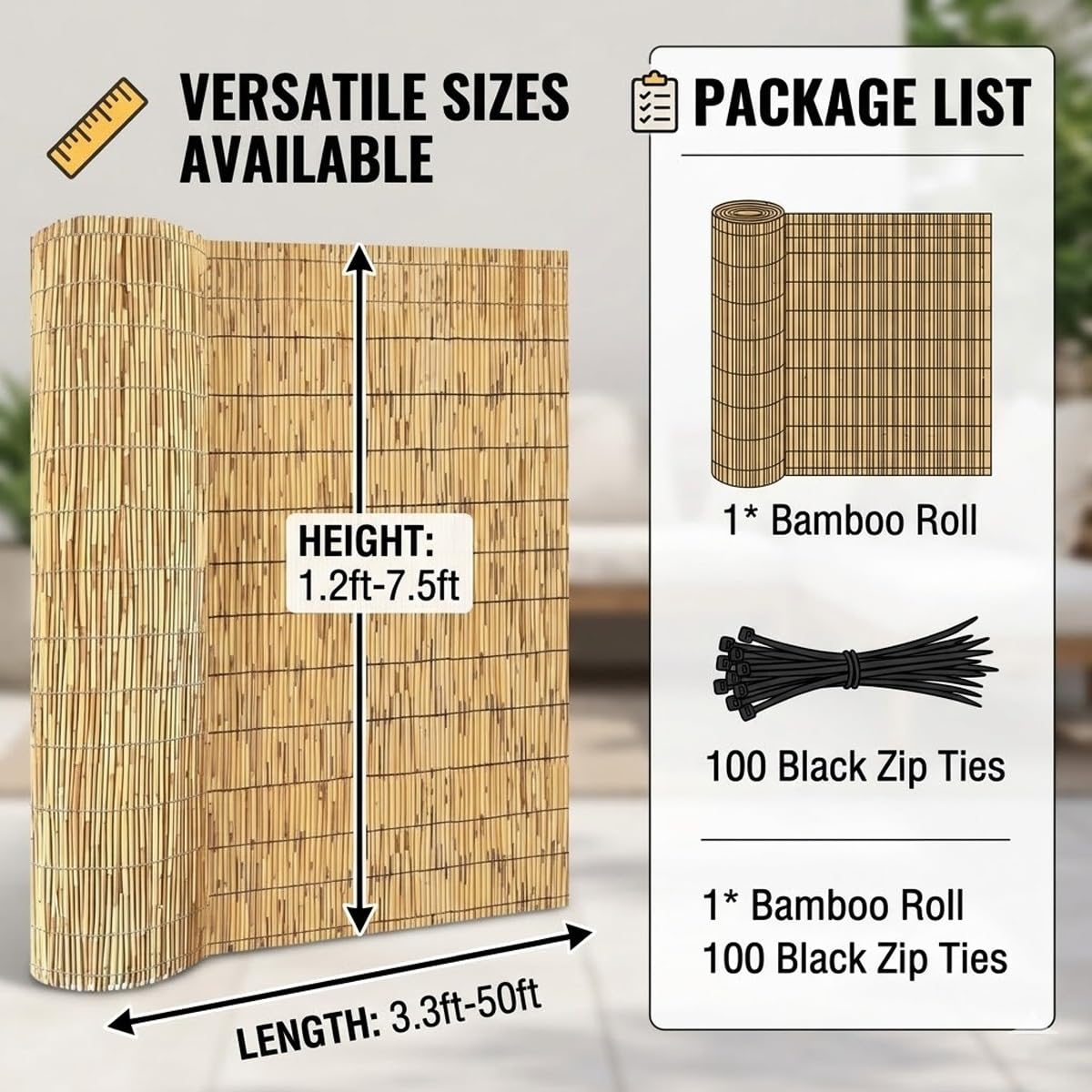 Générique Canisse Bambou Brise Vue Balcon Naturel Rouleau De Clôture D'intimité avec Attaches Séparation Décorative pour Terrasse Facile À Installer H30-240cm L30-1000cm(Brun,150x350cm)