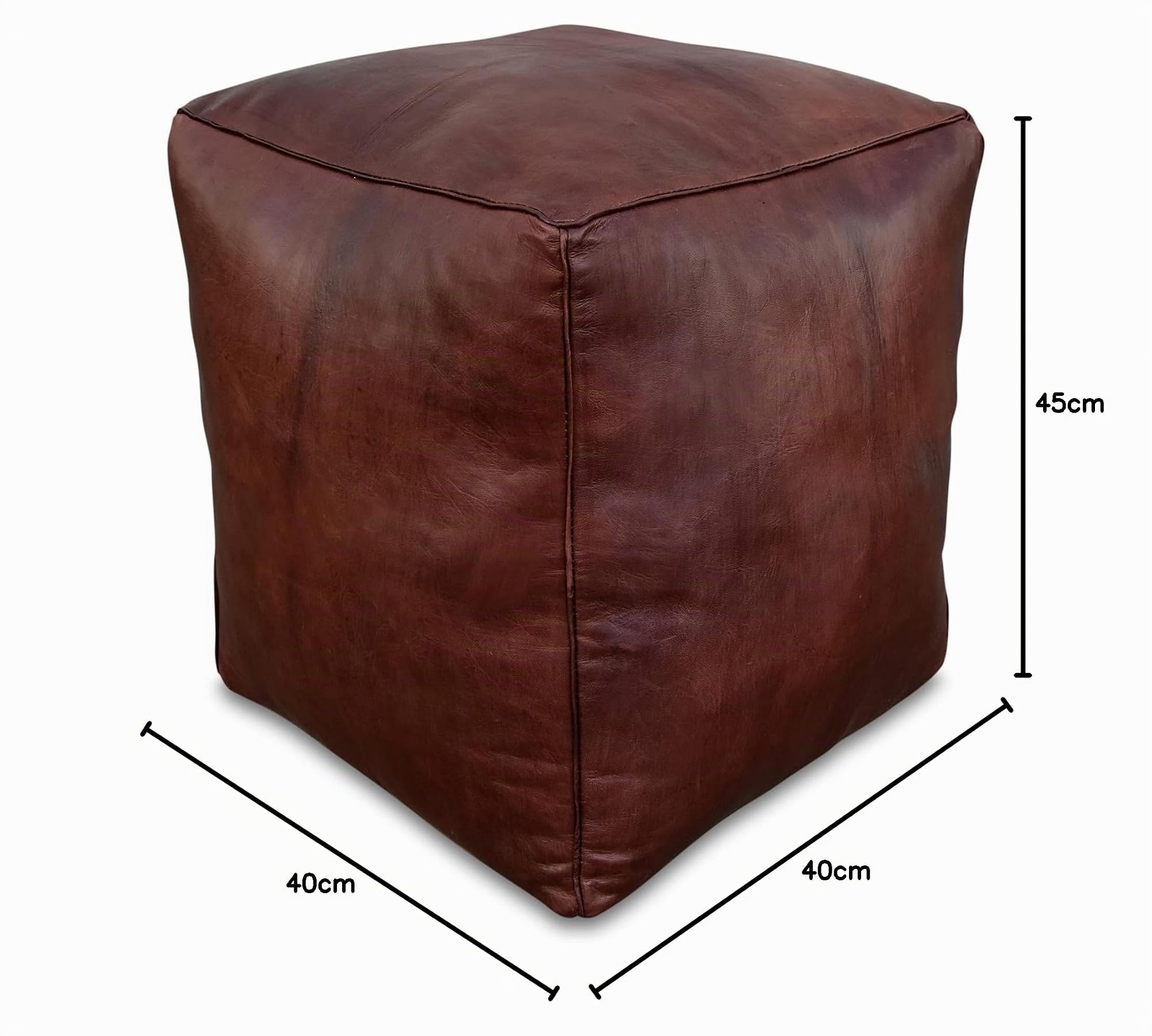 Poufs&Pillows Quadratischer Leder Pouf XL - Handgefertigt - gefüllt geliefert - Ottoman, Sitzsack, Fußhocker (Dunkelbraun)