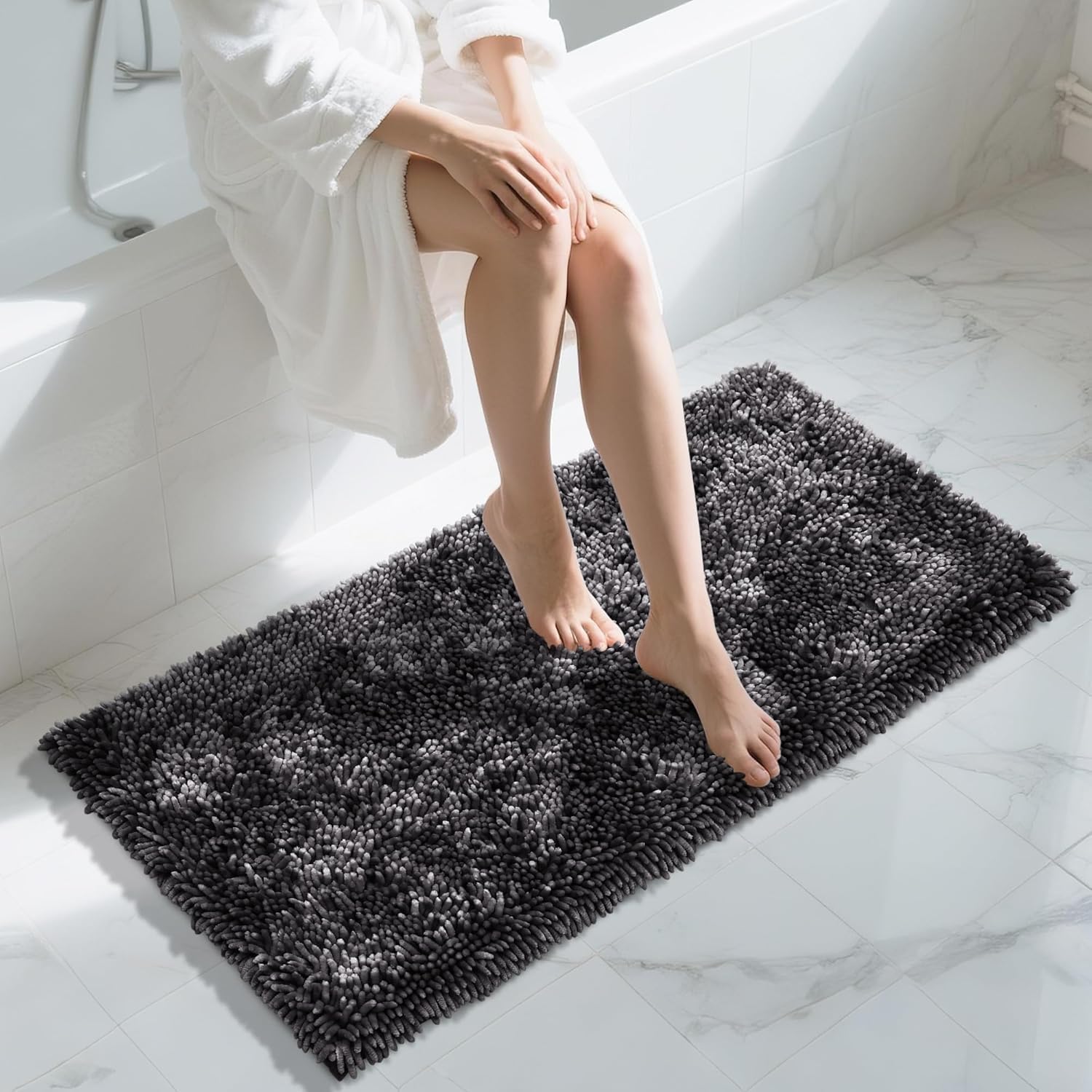 Yimobra Luxury Chenille Bath Mat, Extra Soft and Absorbent Shaggy Bathroom mats Non Slip, Machine Washble Dry, Plush Floor Carpet for Tub, Shower, and Bath Room, Dark Grey, 112 x 61 cm