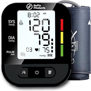 ByFloProducts Blood Pressure Monitor for Home Use – Digital Heart Rate Monitor with Backlit LCD Screen, Includes Blood Pressure Cuff, 4 AAA Batteries, Perfect Automatic Blood Pressure Machine (Black with Backlight)